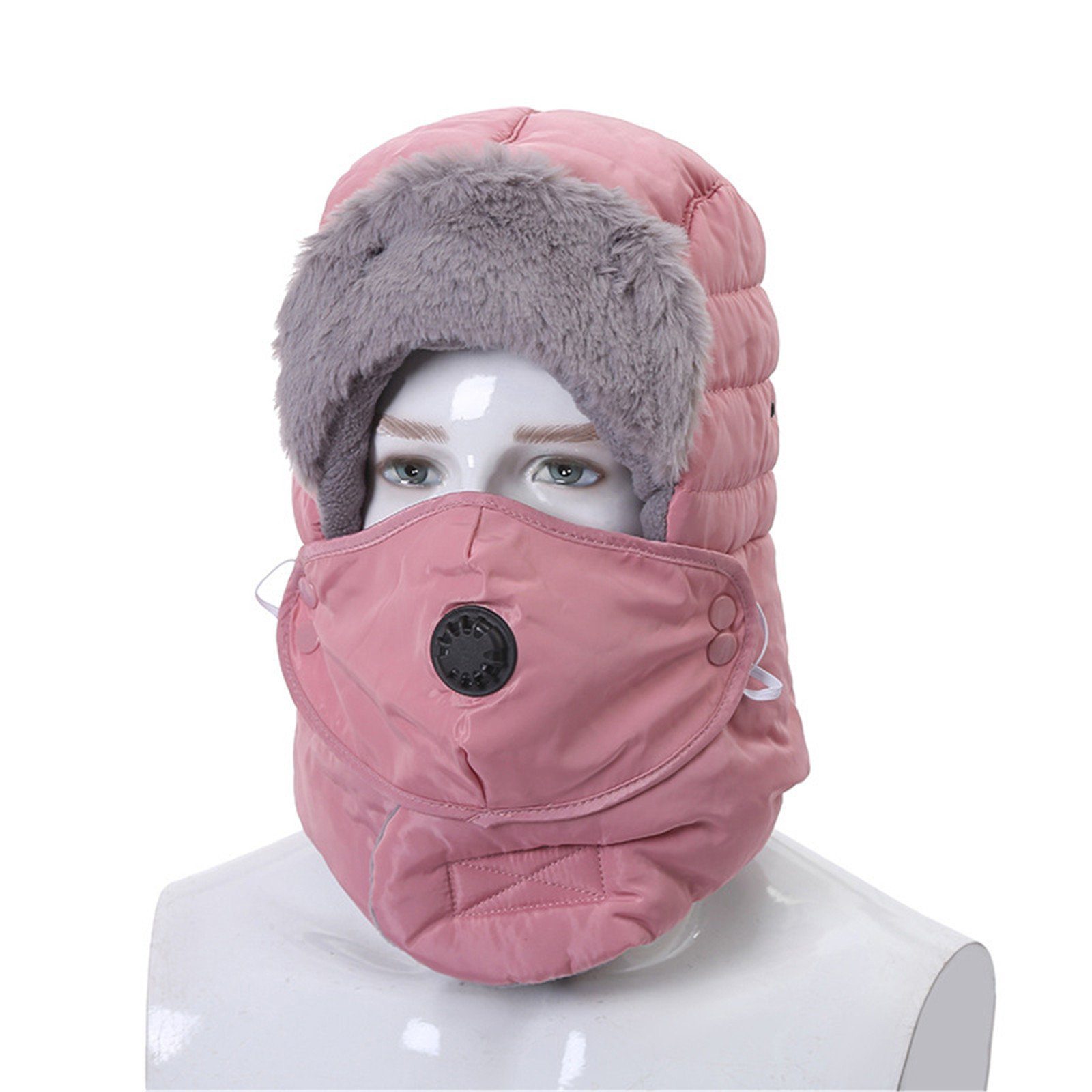 Blusmart Fleecemütze Wintermütze Gesichtsschutzbrille Dreiteiliges Set Mit Atemventil Warm ohne Brille rosa