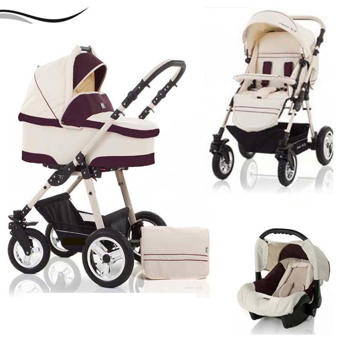 babies-on-wheels Kombi-Kinderwagen City Star 3 in 1 inkl. Autositz - 16 Teile - von Geburt bis 4 Jahre in 16 Farben Creme-Bordeaux