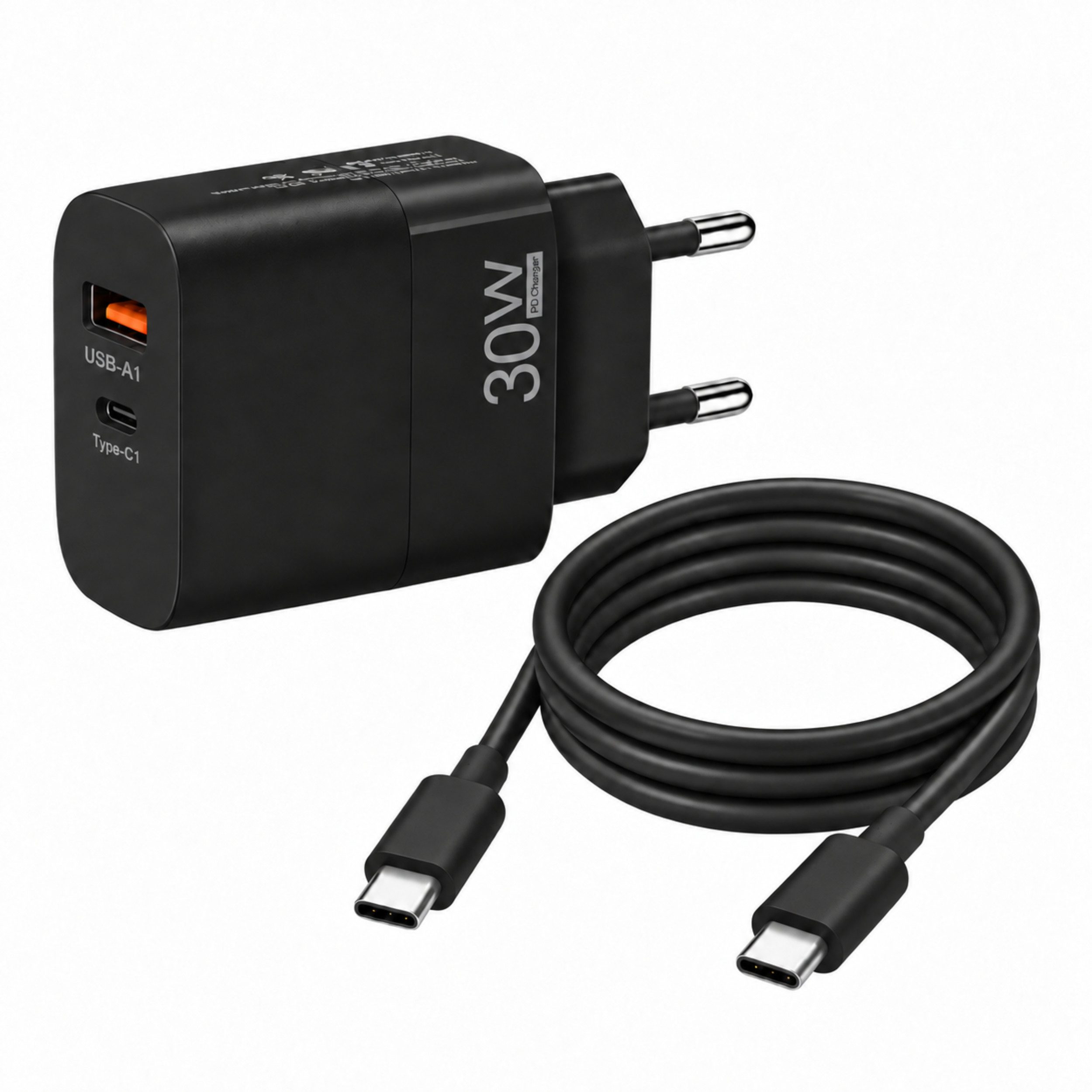 PlugUp 30W USB-C Schnellladegerät mit USB-C & USB-A Anschluss mit USB-C Kabel Smartphone-Ladegerät (3300 mA, Set, Inkl. USB-C Ladekabel, Universelles Schnellladegerät mit USB-C auf USB-C Ladekabel)
