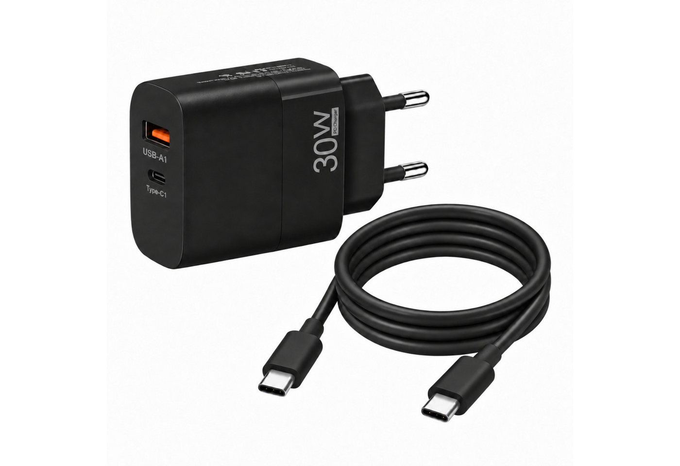 PlugUp 30W USB-C Schnellladegerät mit USB-C & USB-A Anschluss mit USB-C Kabel Smartphone-Ladegerät (3300 mA, Set, Inkl. USB-C Ladekabel, Universelles Schnellladegerät mit USB-C auf USB-C Ladekabel)