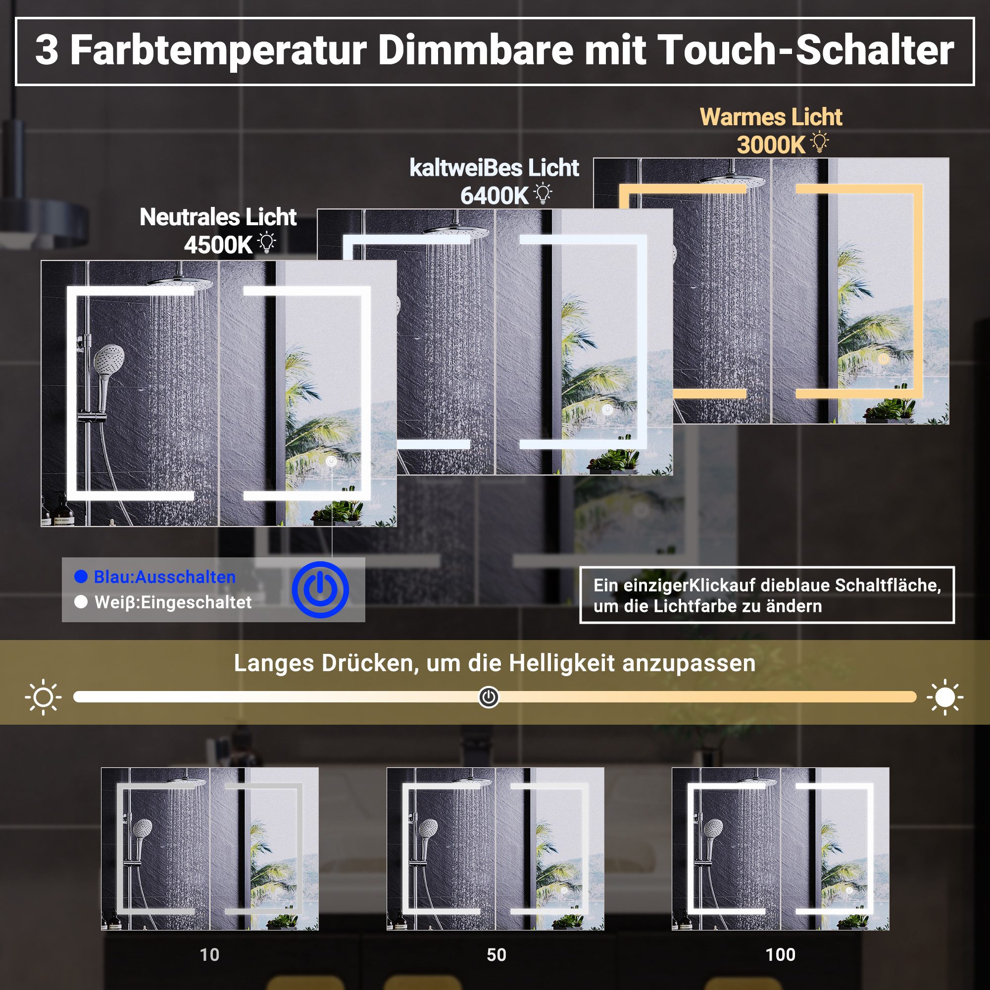 Furnishings Home Badezimmerspiegelschrank Spiegelschrank Doppeltür Hängeschrank mit LED (Einstellung der warmen und kalten Farbtemperatur 3000/4500/6400K) inkl. LED-Beleuchtung, Stecker, Touchschalter, Beschlagfrei