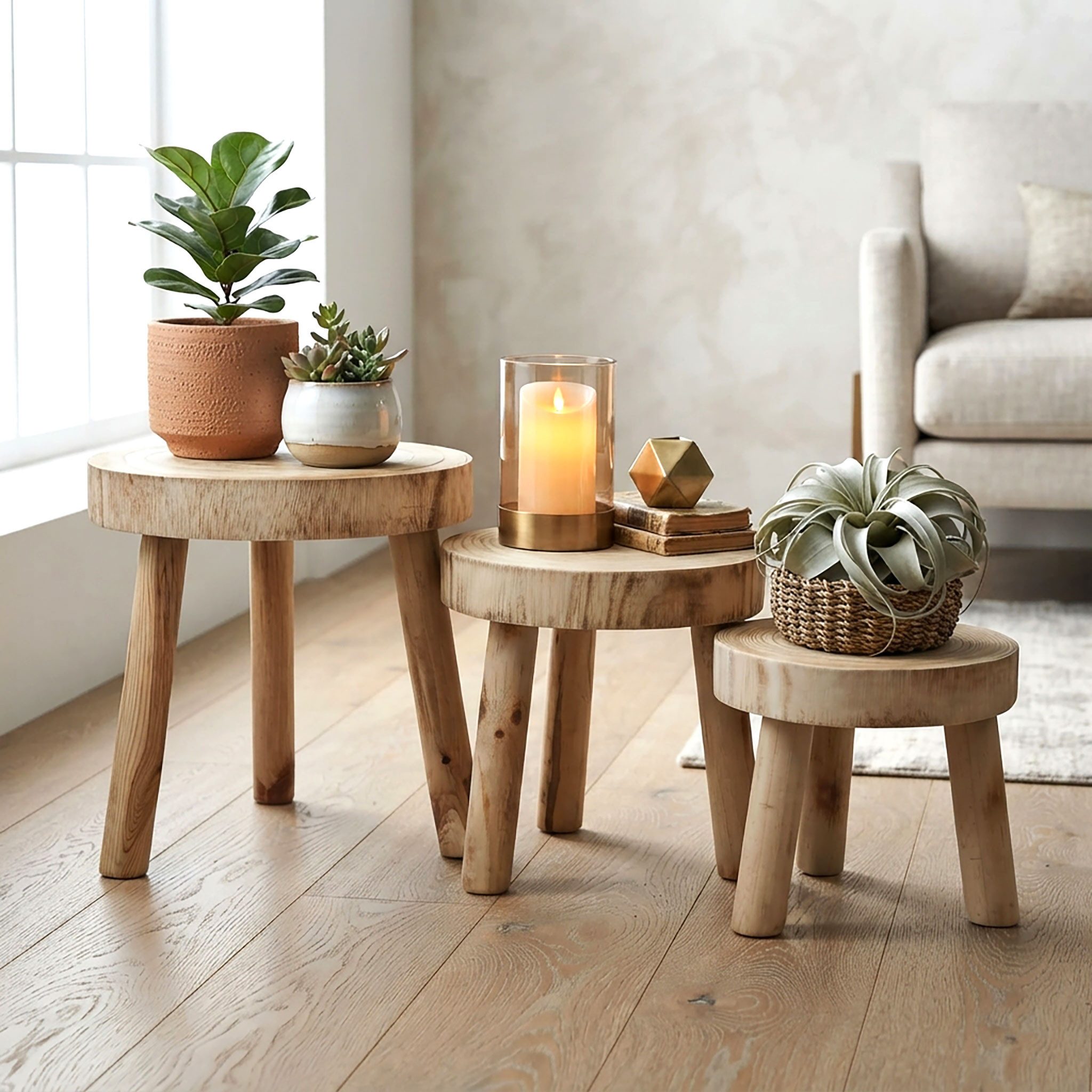 Spetebo Blumenhocker Pflanzenständer rund gebeizt 3er Set (Stück, 1 St., Set), Massivholz – Bild 3 von 5