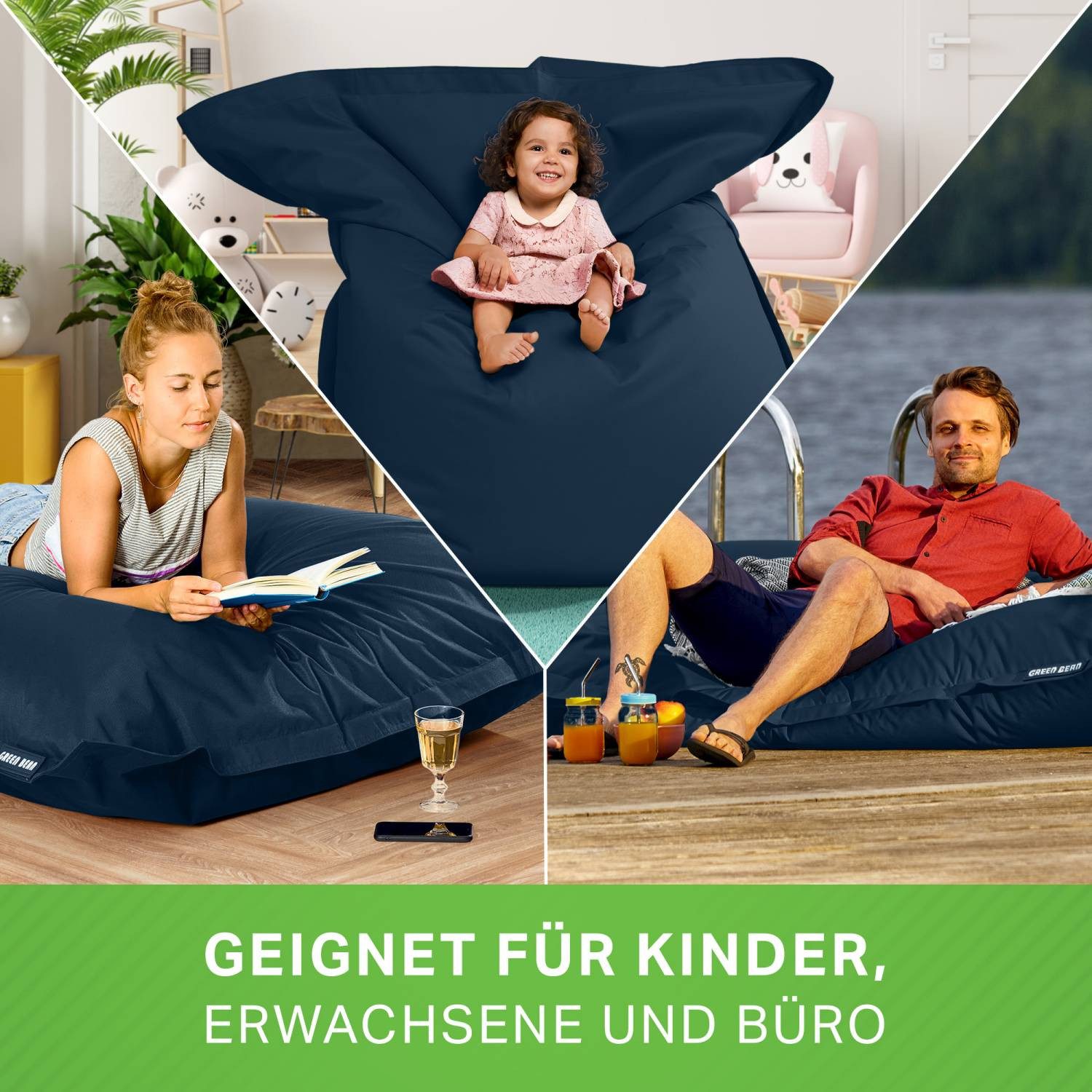 Green Bean Sitzsack XXL Outdoor Sitzsack Square 140x180cm (XXL Riesensitzsack 140x180cm 380 Liter Kinder & Erwachsene Bean Bag EPS Perlen Füllung, Groß Draußen Outdoor Liegekissen), Waschbar Wetterfest Lounge Sitzkissen Bodenkissen