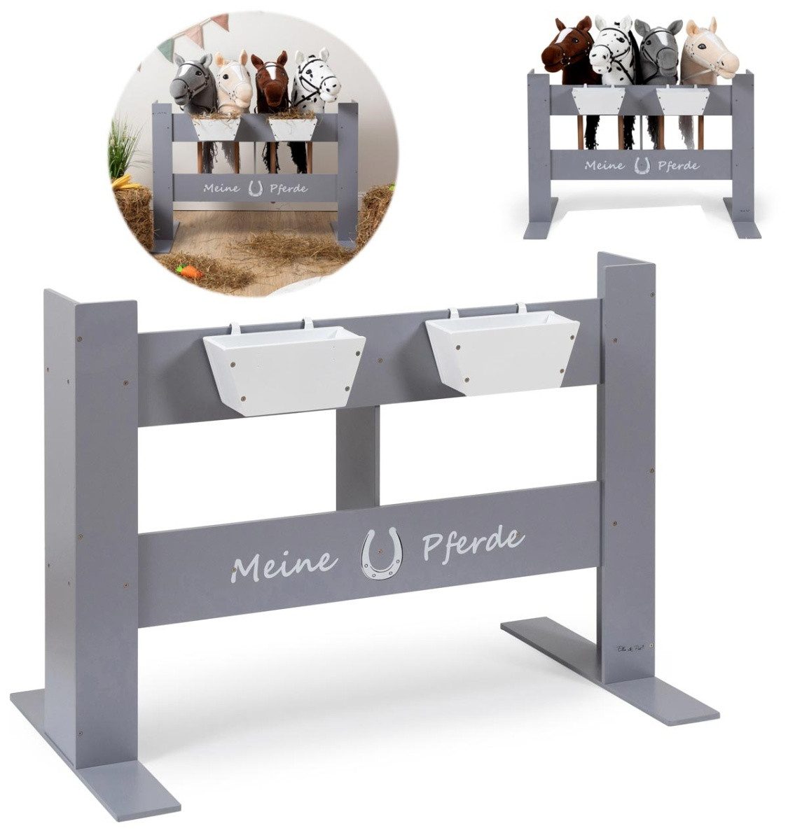 ELLA & PIET® Steckenpferd Hobby Horse Ständer FENCY aus Holz für 4 Pferde (Grau)
