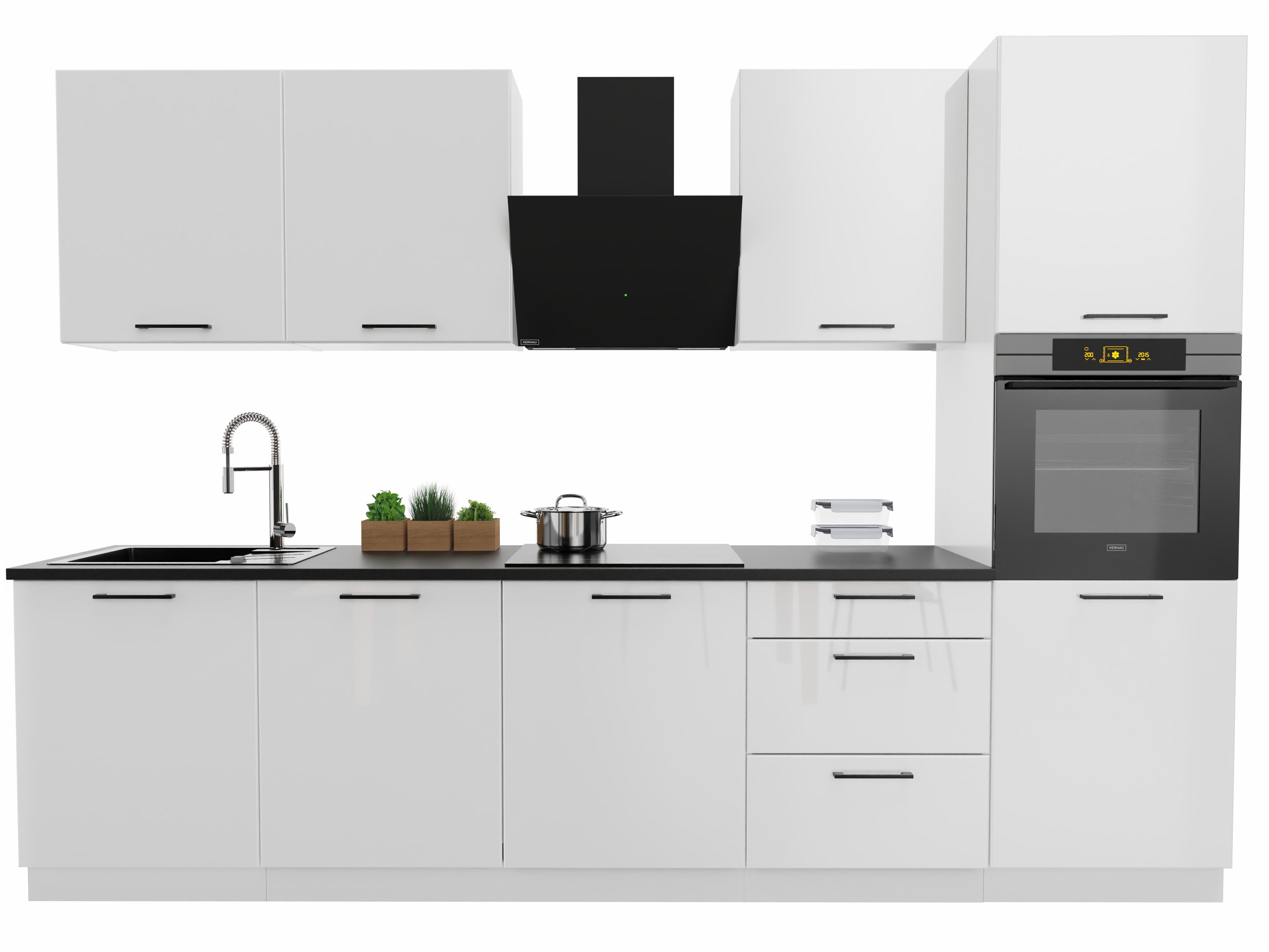 Möbel für Dich Küchenzeile Moderne Einbauküche Denis 300 cm 8-teilig, mit Fronten in Weiß Hochglanz oder Beige matt
