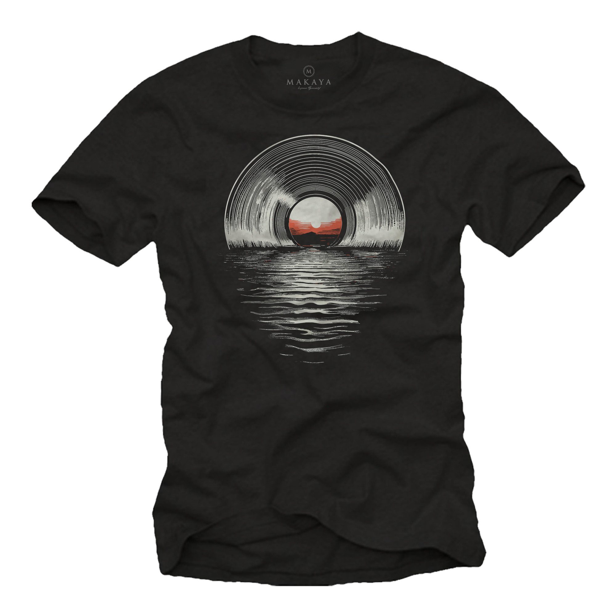 MAKAYA T-Shirt Vintage Herrenshirt für Musikliebhaber – mit Schallplatte Print (Schwarz, Blau, Grün, Blaugrau, Grau, S, M, L, XL, XXL, 3XL, 4XL, 5XL) Baumwolle