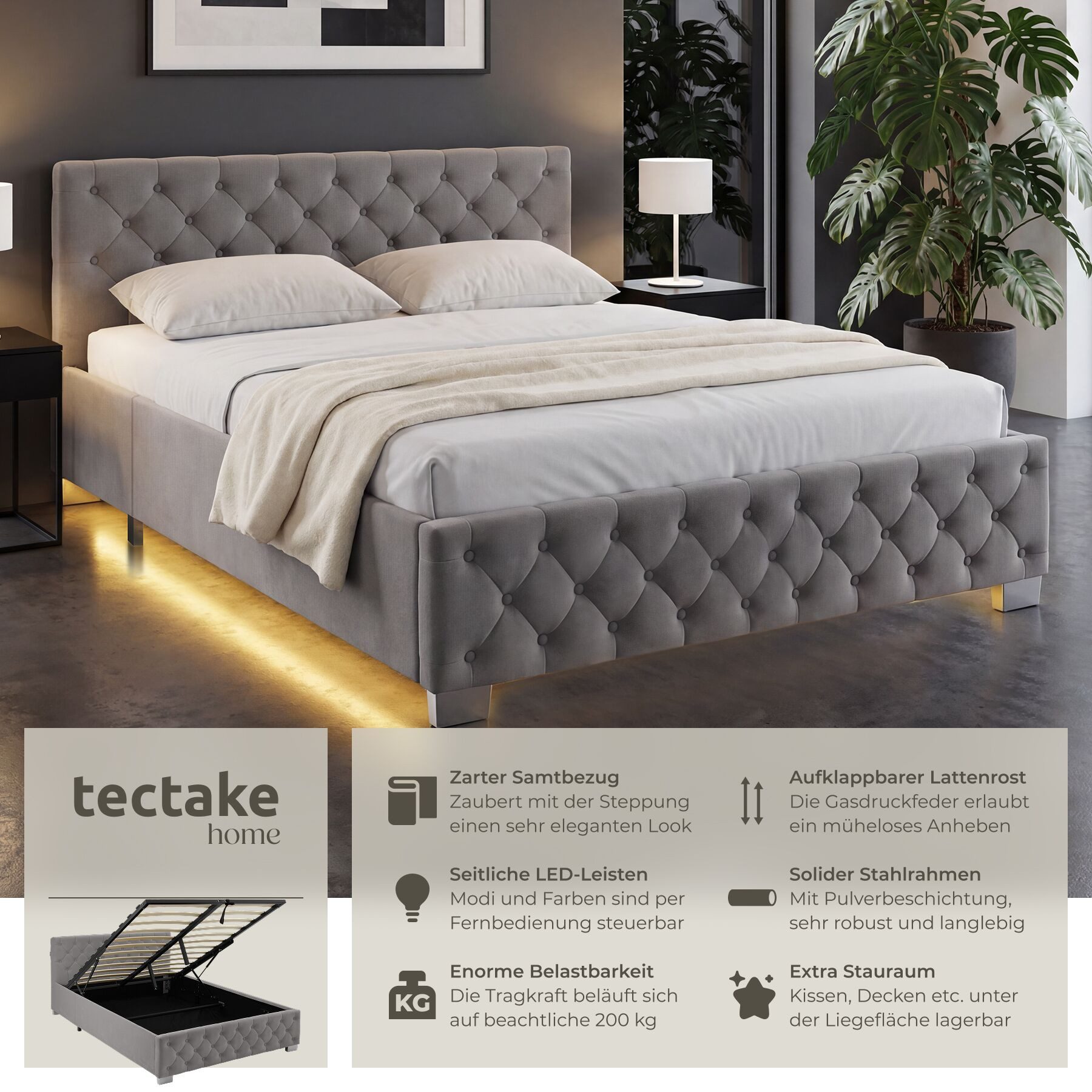 tectake Polsterbett Komfortbett mit LED-Leisten & Stauraum - Samtoptik mit Steppmuster (Bettset, in Dunkelgrau), stabiler Stahlrahmen, Belastbarkeit 200 kg