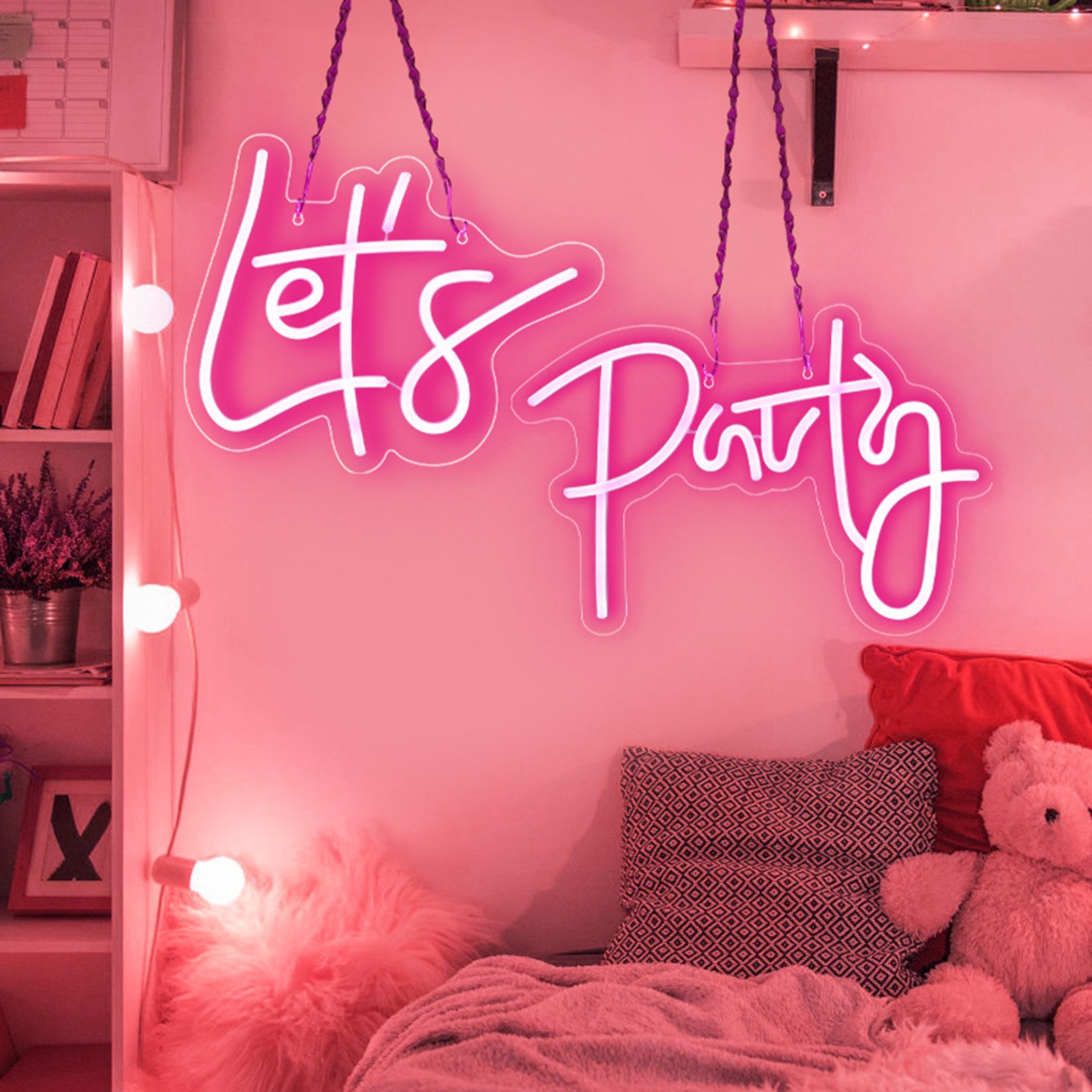 MUPOO Dekolicht LED Dekolicht,Let's Party Neon Schilder Dimmbar,Zwei-Pack, LED Rosa Neonlicht,für Verlobungsfeier,Hochzeit,Party,Hausbar