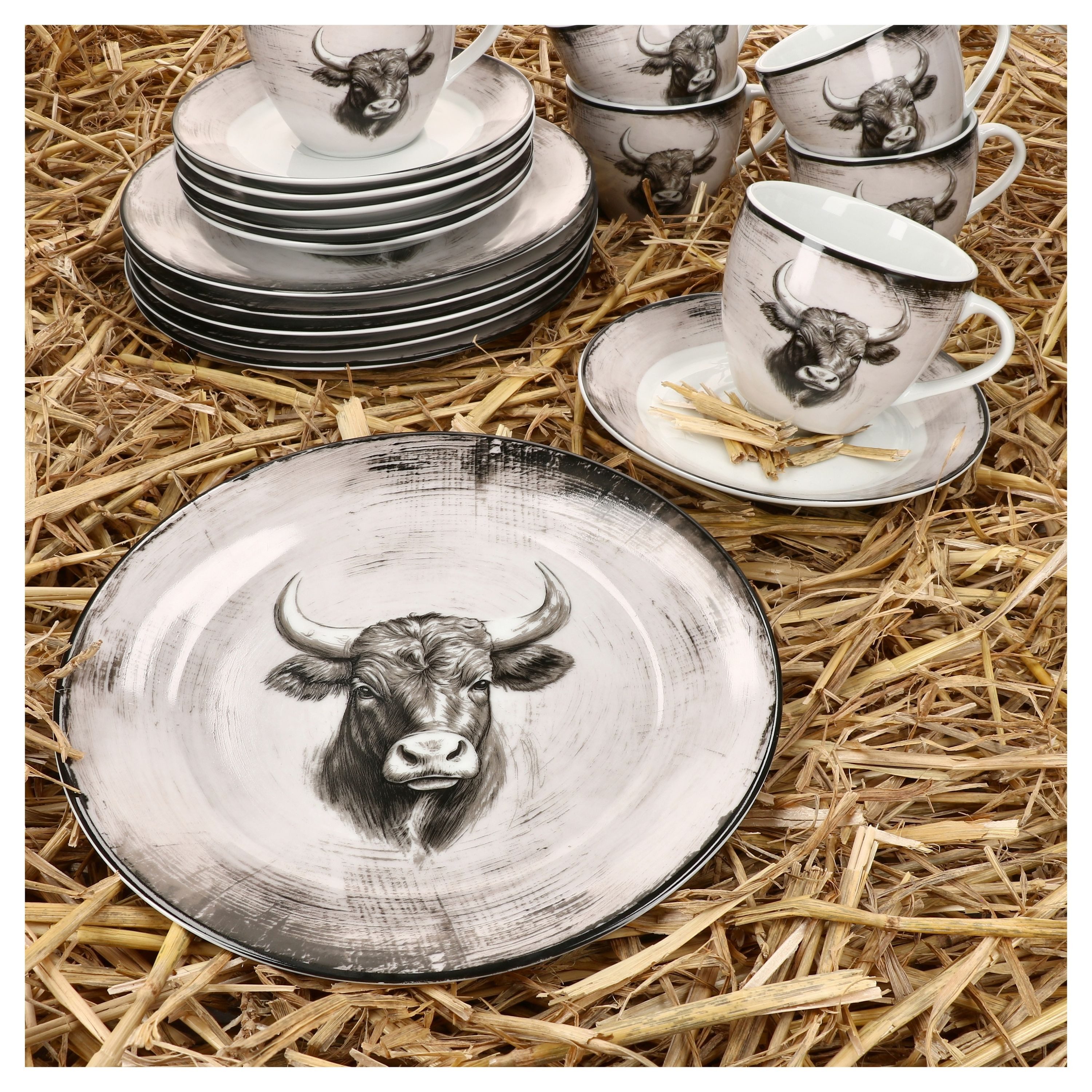 MamboCat Kaffeeservice Toro 18tlg Kaffeeservice Porzellan 6 Personen Kuh Landhaus, Porzellan