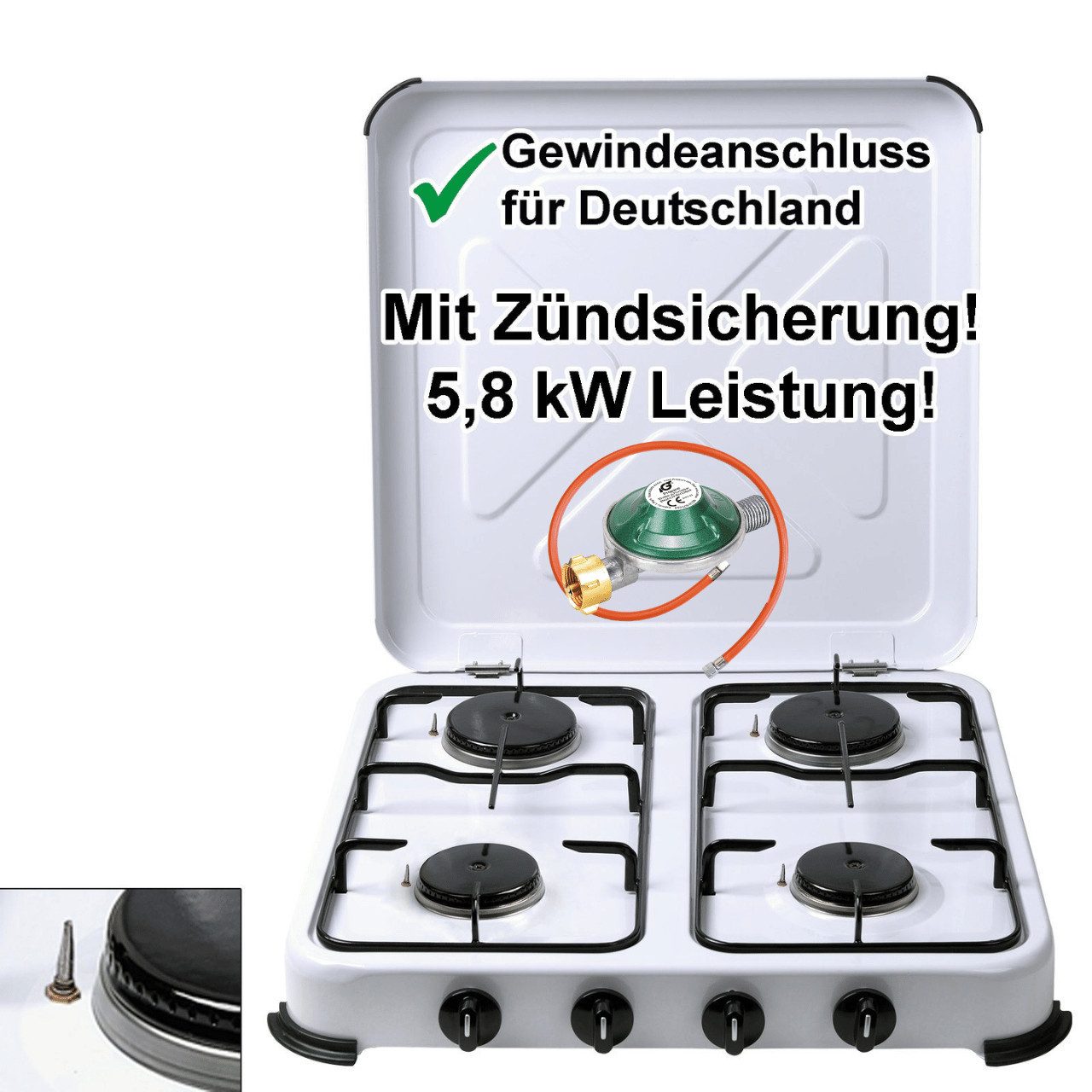 BlueCraft Gaskocher 4 flammig mit Zündsicherung 50mbar Propan Gas Campingkocher 5,8 kW, (mit Schlauch 100 cm und Gas Regler Druckminderer), Camping Gas Kocher 4 flammen für Gasflasche Gasherd Gas-Kochfeld