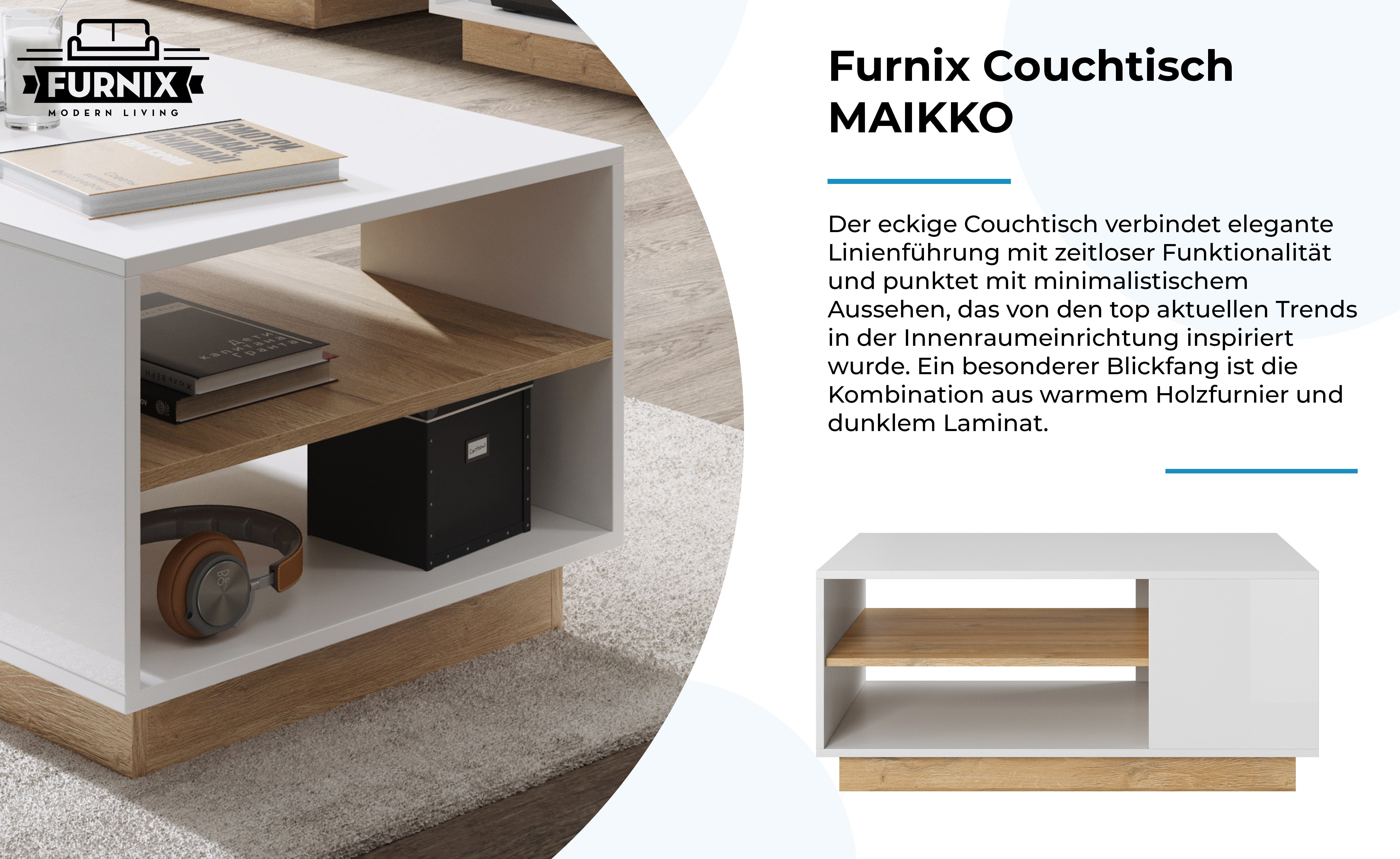 Holztisch x T60 in made EU Weiß/ Furnix B100 dekorativ, Couchtisch cm, eckiger 2 Ablagefächern Grandson, H45 Eiche MAIKKO x