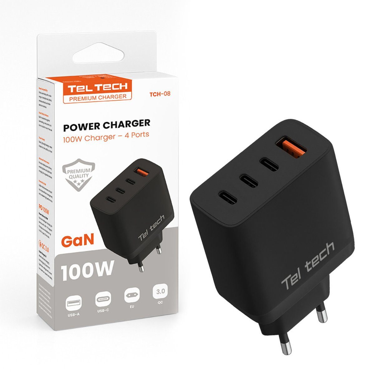 Wisam Teltech Power Charger GaN USB / 3x USB-C 100W QC PD schwarz TCH-08 Smartphone-Ladegerät