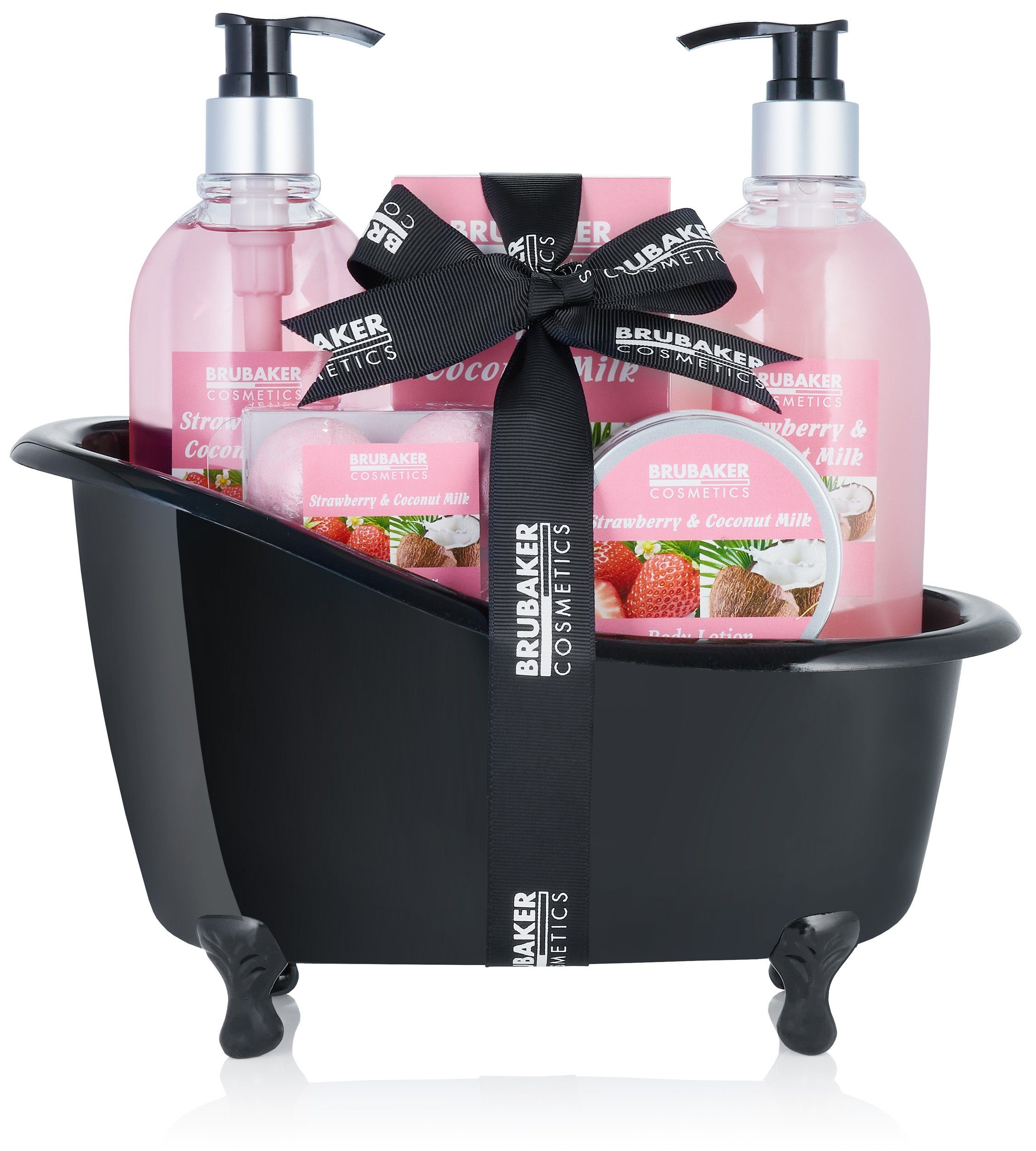 BRUBAKER Hautreinigungs-Set Bade- und Dusch Set mit Erdbeere & Kokos Duft, Badeset Wellness, 9-tlg., Beauty Set Geschenkset mit Deko Badewanne Schwarz, Pflegeset