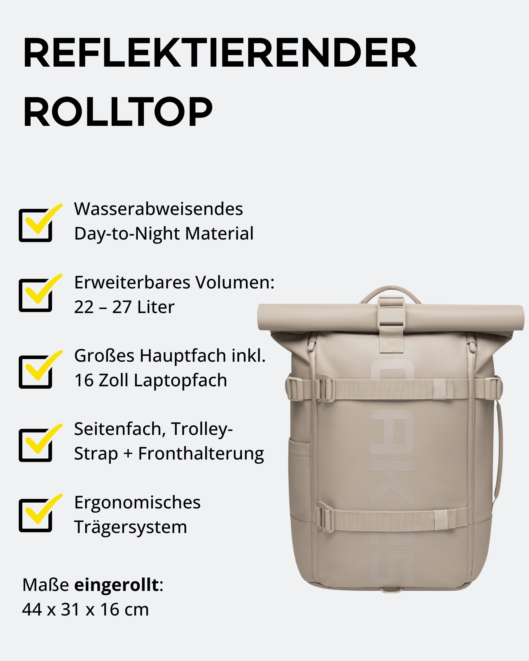 OAK25 Cityrucksack Luminite Rolltop Rucksack reflektierend (1-tlg), Roll Top Backpack mit Laptopfach bis 16 Zoll, wasserabweisend