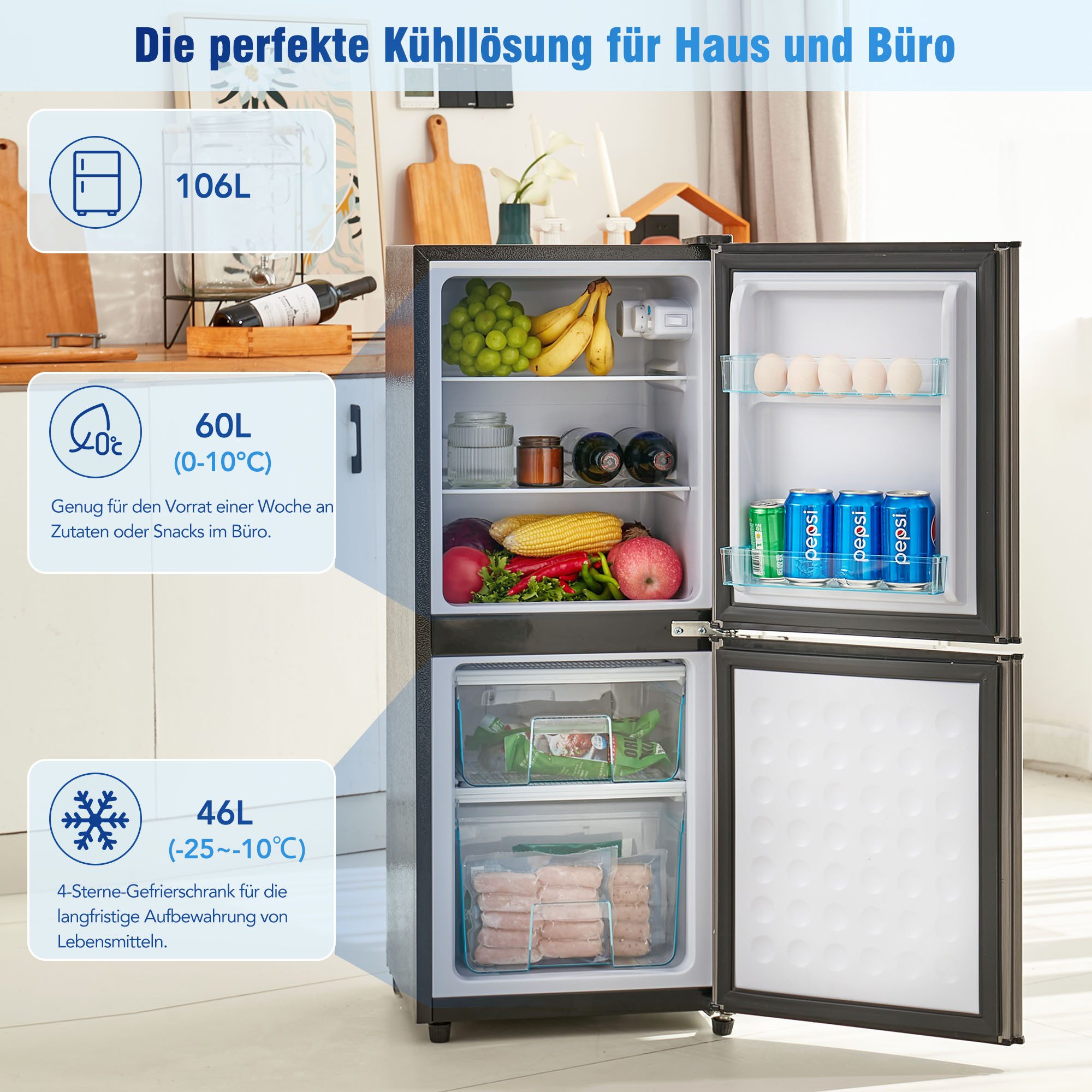 Rolipo Kühlschrank (60L+46L) 7-stufiger Temperaturregelung 45dB BCD-106W, 102 cm hoch, 42.5 cm breit, 106L Kompaktkühlschrank & Gefrierfach/LED