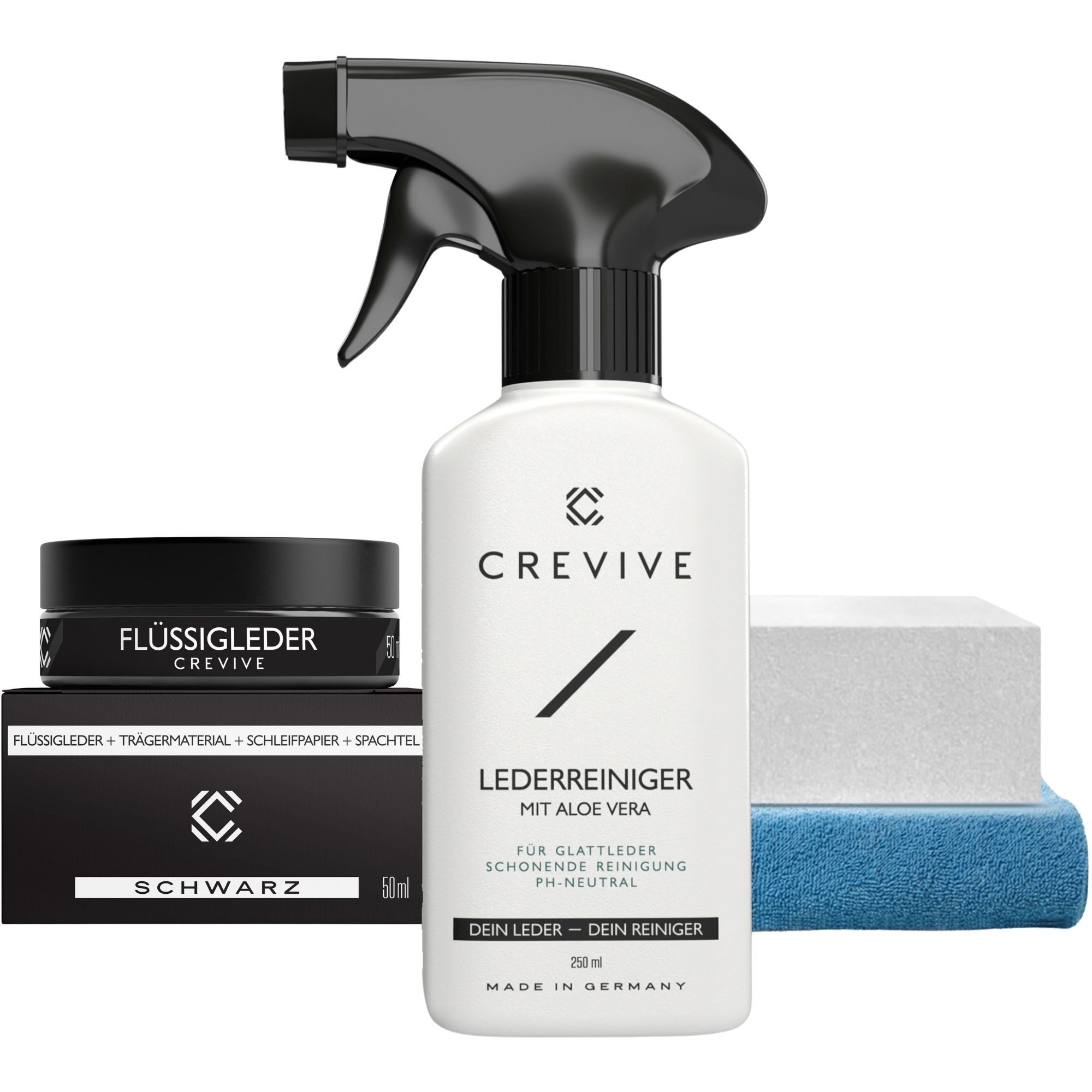 CREVIVE Flüssigleder 50 ml + Lederreiniger 250 ml Lederpflegeset (SPARSET 7-teilig, Lederreparatur, sehr ergiebig), Leder Reparatur Set, Kunstleder Reparaturset, für Sofa, Couch, Auto