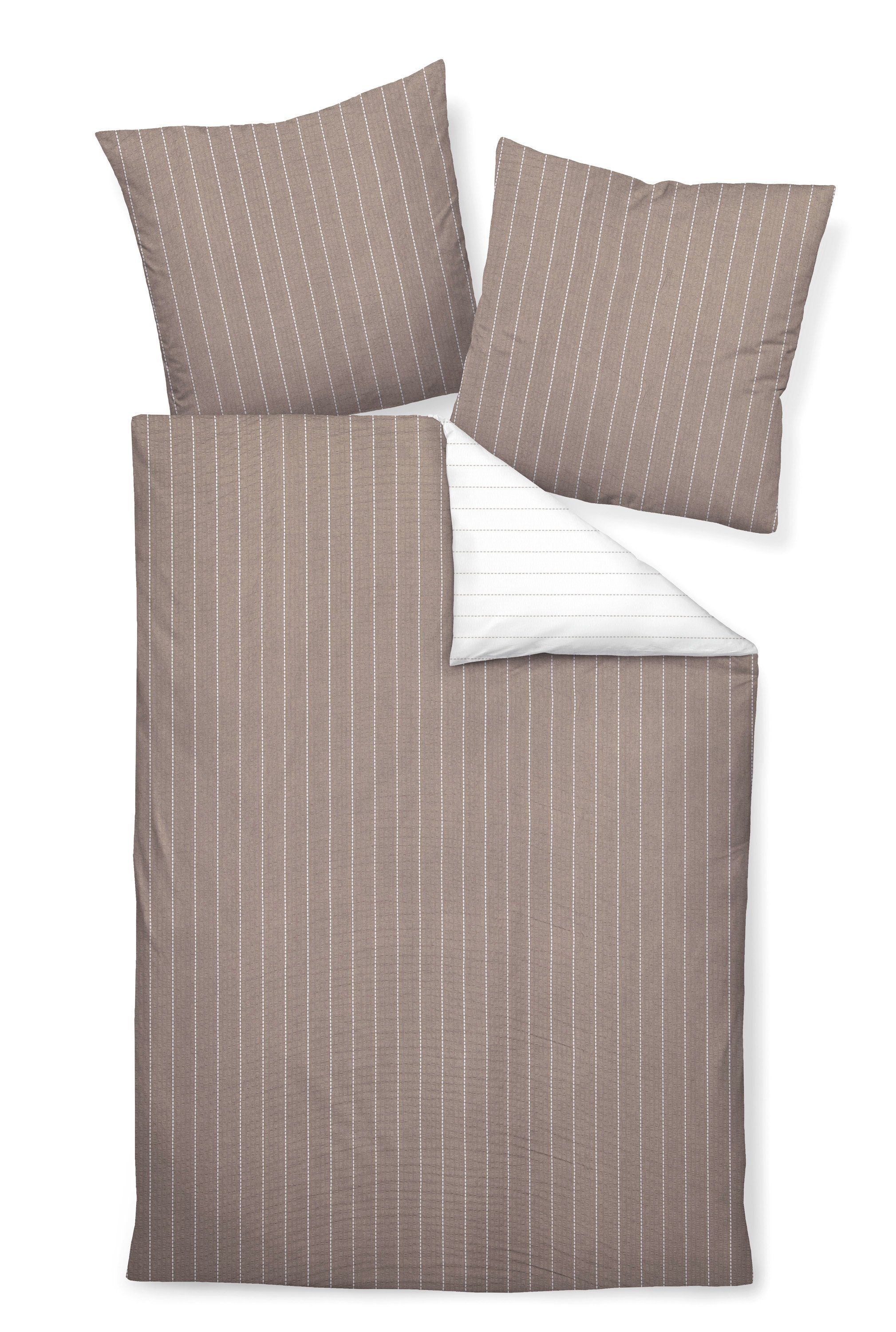 Janine Bettwäsche Seersucker, Seersucker, 2 teilig, bügelfrei, taupe mit weißen Strichen, Wendeseite weiß
