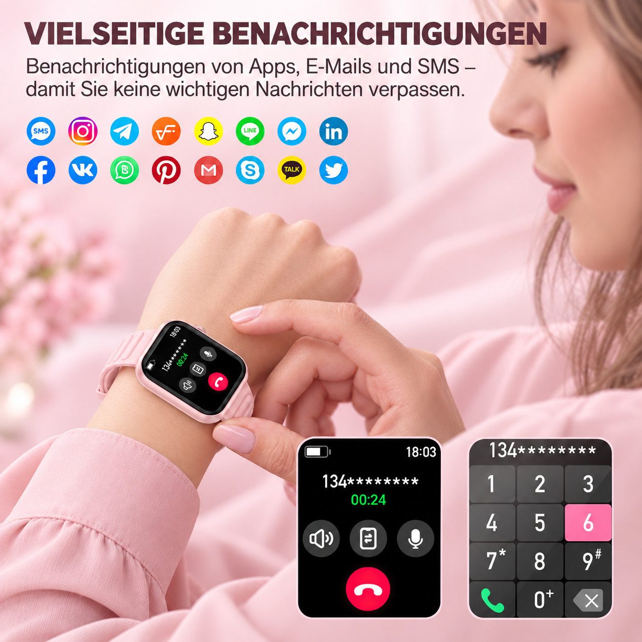 Vornix Smartwatch Damen Herren, Fitness Uhr mit Anruffunktion Smartwatch, Fitness Tracker, Aktivitätstracker, Schlaftracker für Alltag und Sport, 1,85 Zoll HD,  – Bild 3 von 5