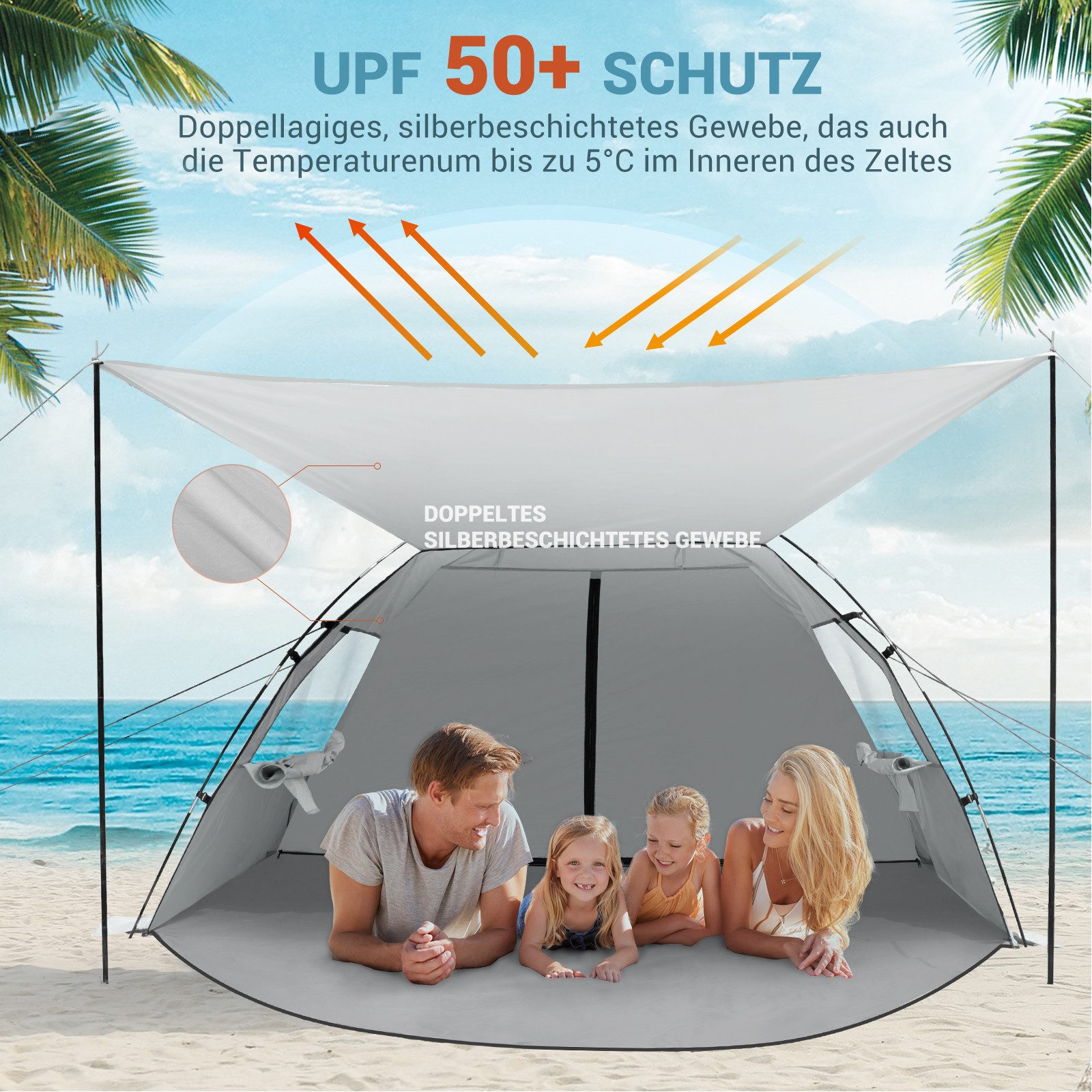 Elegear Strandmuschel mit Sonnendach für 4-5 Personen, Pop Up Strandzelt (UV Schutz UPF 50), Personen: 4 (1 tlg), Strandmuschel Tragbares mit Sandsäcken, Erdspießen und Seilen