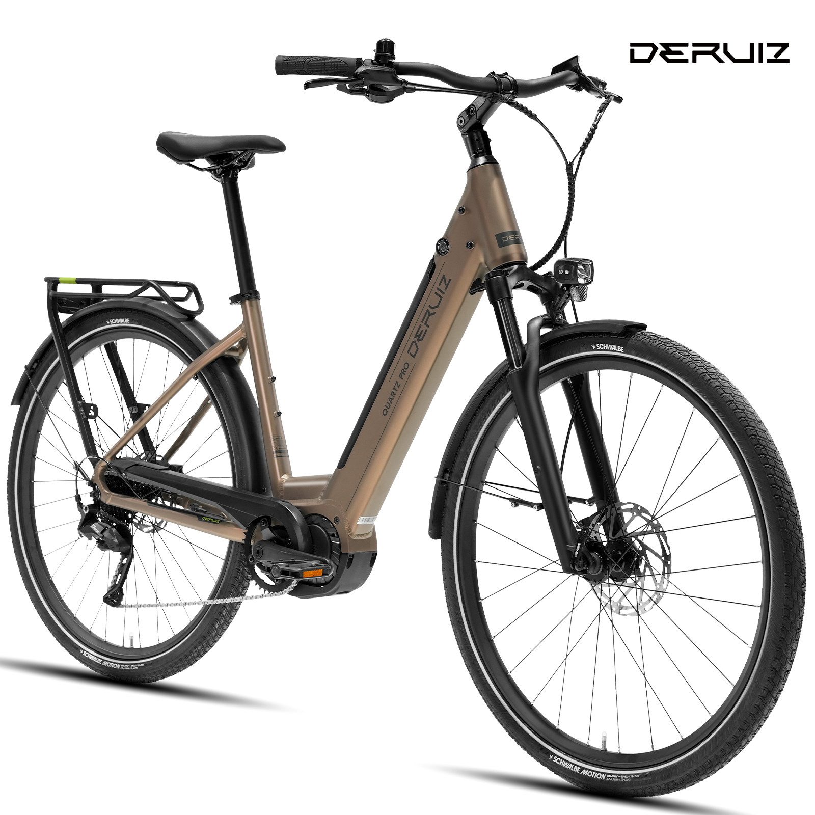 DERUIZ E-Bike Cityrad 28 Zoll Quartz Heckmotor 55 Nm /Quartz Pro Mittelmotor 100 Nm, 644 Wh, 9 Gang SHIMANO Shimano CUES RD-U3020, 9-Gang Schaltwerk, Kettenschaltung, Mittelmotor, 644 Wh, (Drehmomentsensor für Damen und Herren), Mittelmotor, Federgabel mit hydraulischem Lockout, Anfahrhilfe