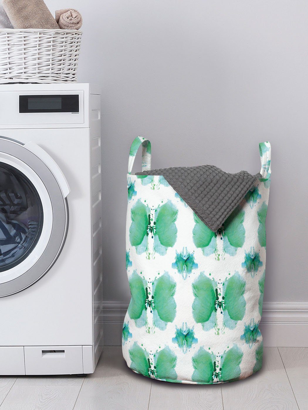 Abakuhaus Wäschesäckchen Wäschekorb Abstrakt Weiß Kordelzugverschluss Aquarell für mit und Grün Griffen Waschsalons