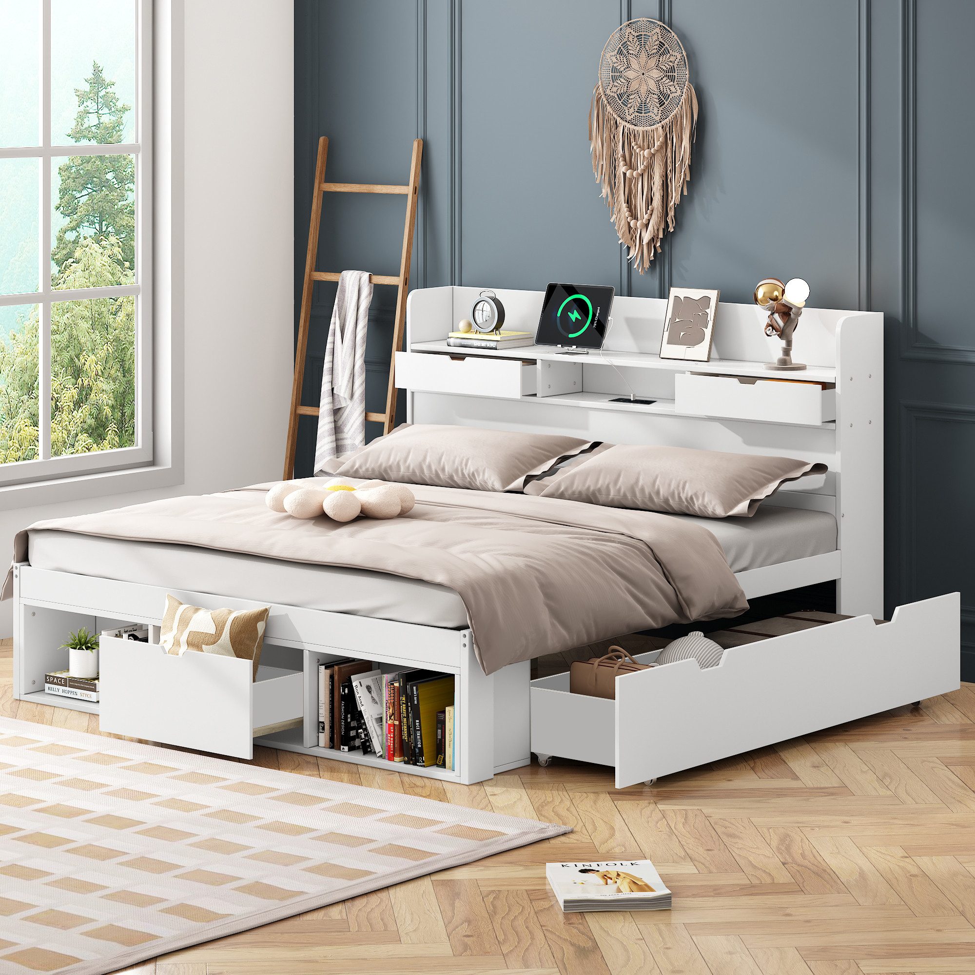 Odikalo Stauraumbett Doppelbett Jugendbett mit USB,Schublade,Stauschrank (140x190 140x200 180x200 cm, Mit USB-port & Schubladen & Stauschrank, Kinderbett, Jugendbett, Multifunktionales Bett, Großer Stauraum, ohne Matratze, weiß)