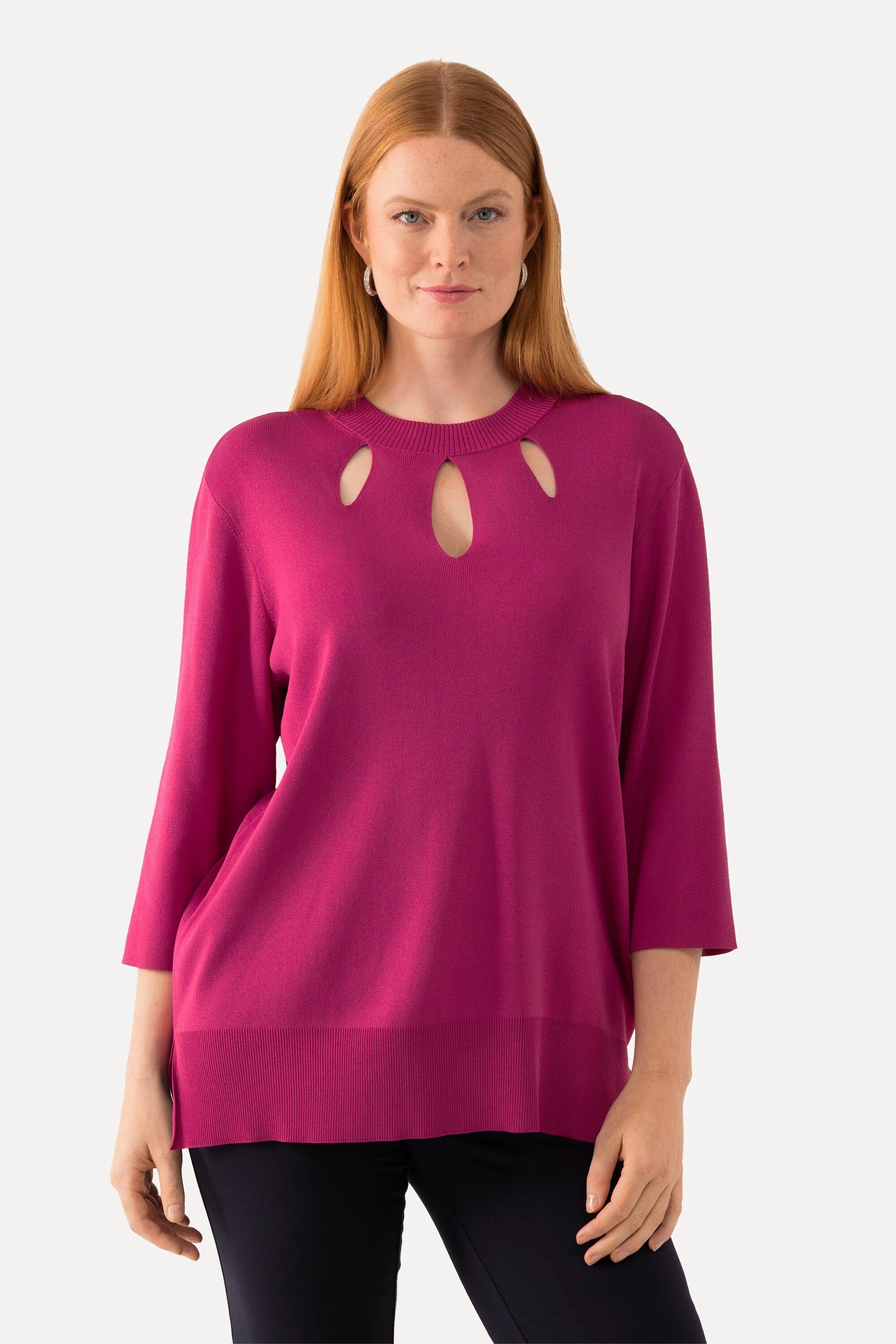 Ulla Popken Strickpullover Pullover Cut-Outs Stehkragen 3/4-Arm Rippstrick magenta