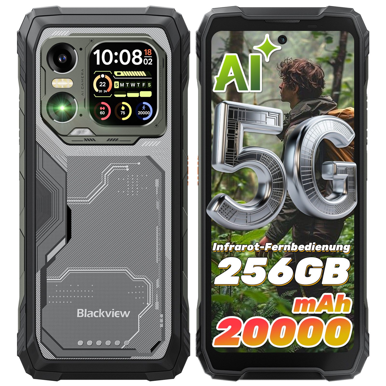 blackview XPLORE 1 5G Dimensity 7050 Outdoor Smartphone (6.78 Zoll, 256 GB Speicherplatz, 64 MP Kamera, Dual-Screen, 1080*2460, 120Hz, 64MP+50MP+20MP Nachtsicht, 55W, 5W OTG)