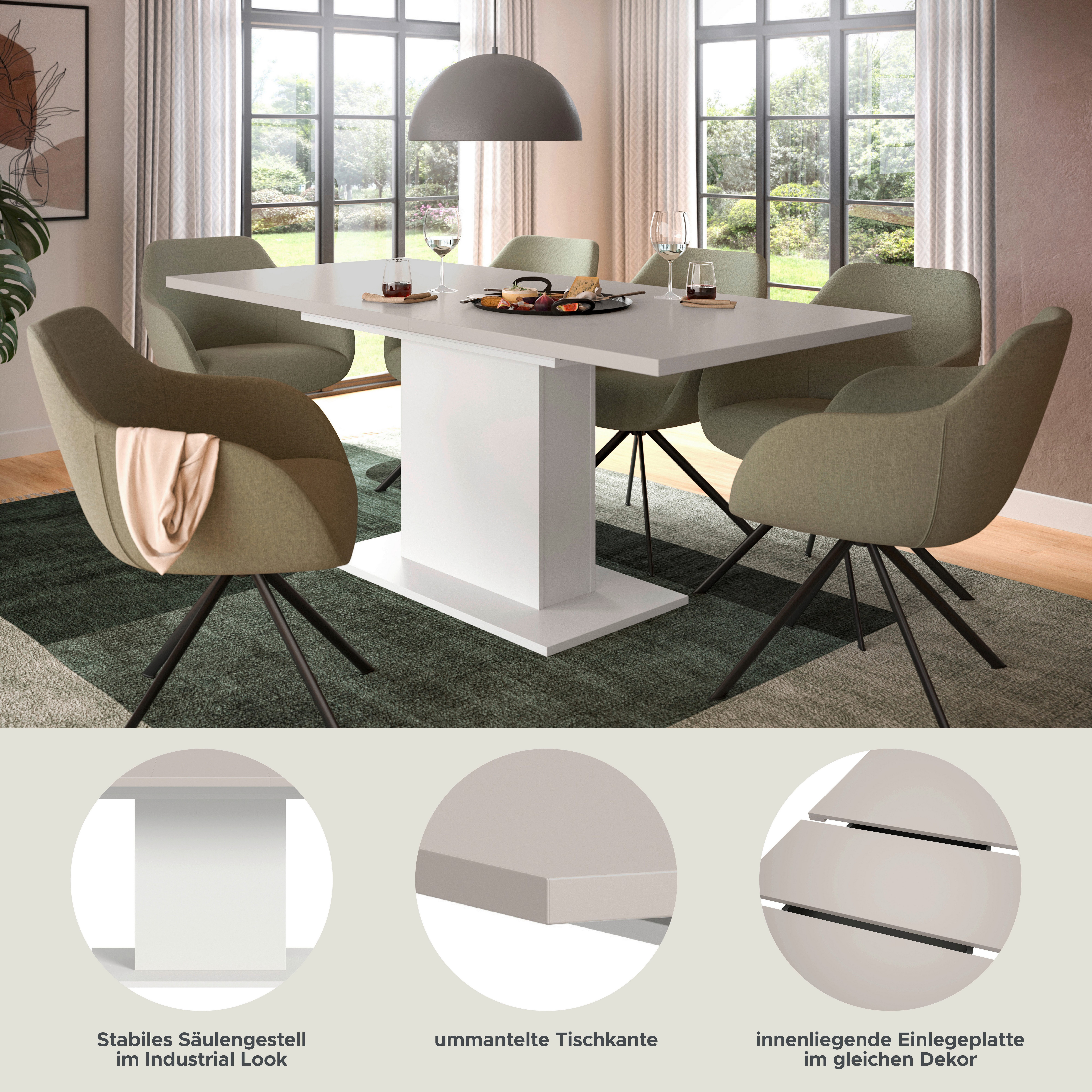 Home affaire Esstisch Motus, ausziehbar 150 -190 cm, inklusive 40 cm Einlegeplatte (Set, 1-St), Säulengestell mit Bodenplatte, Tisch, Küchentisch, Esszimmer, Küche