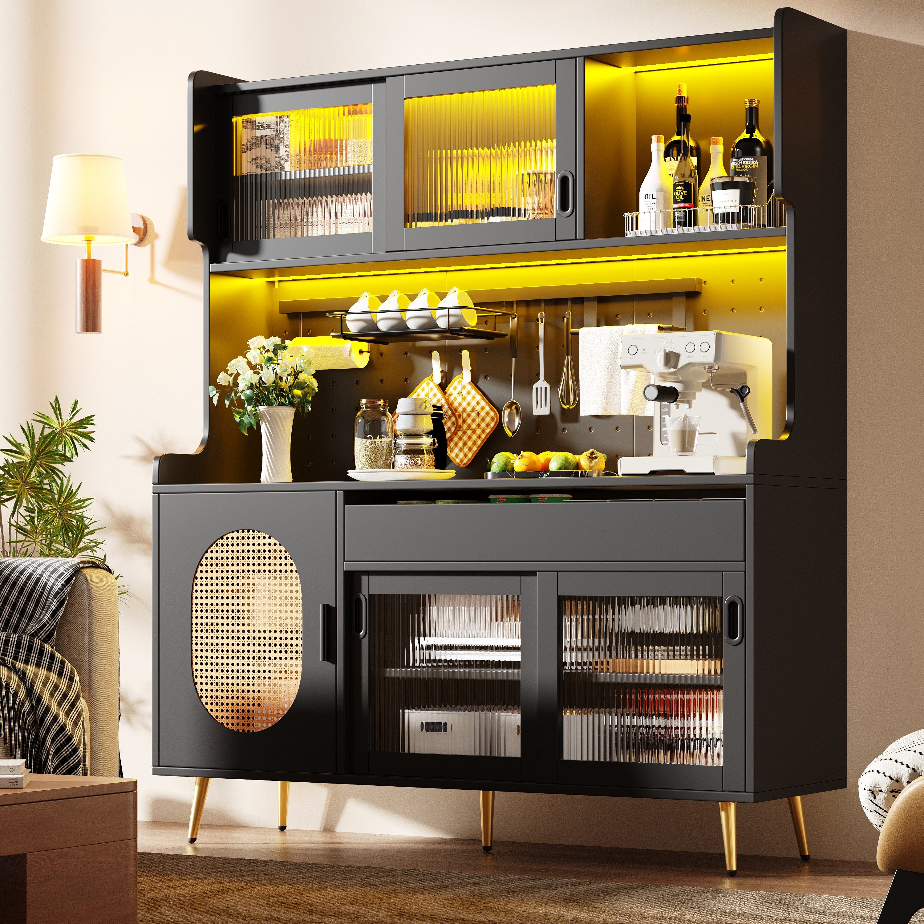Odikalo Küchenbuffet Küchenschrank Buffetschrank mit LED (145x39x171cm, Landhausstil, 5 Türen, mit LED-Lichtleiste & Ordnungslockplatte, Fluted Glas Türen)