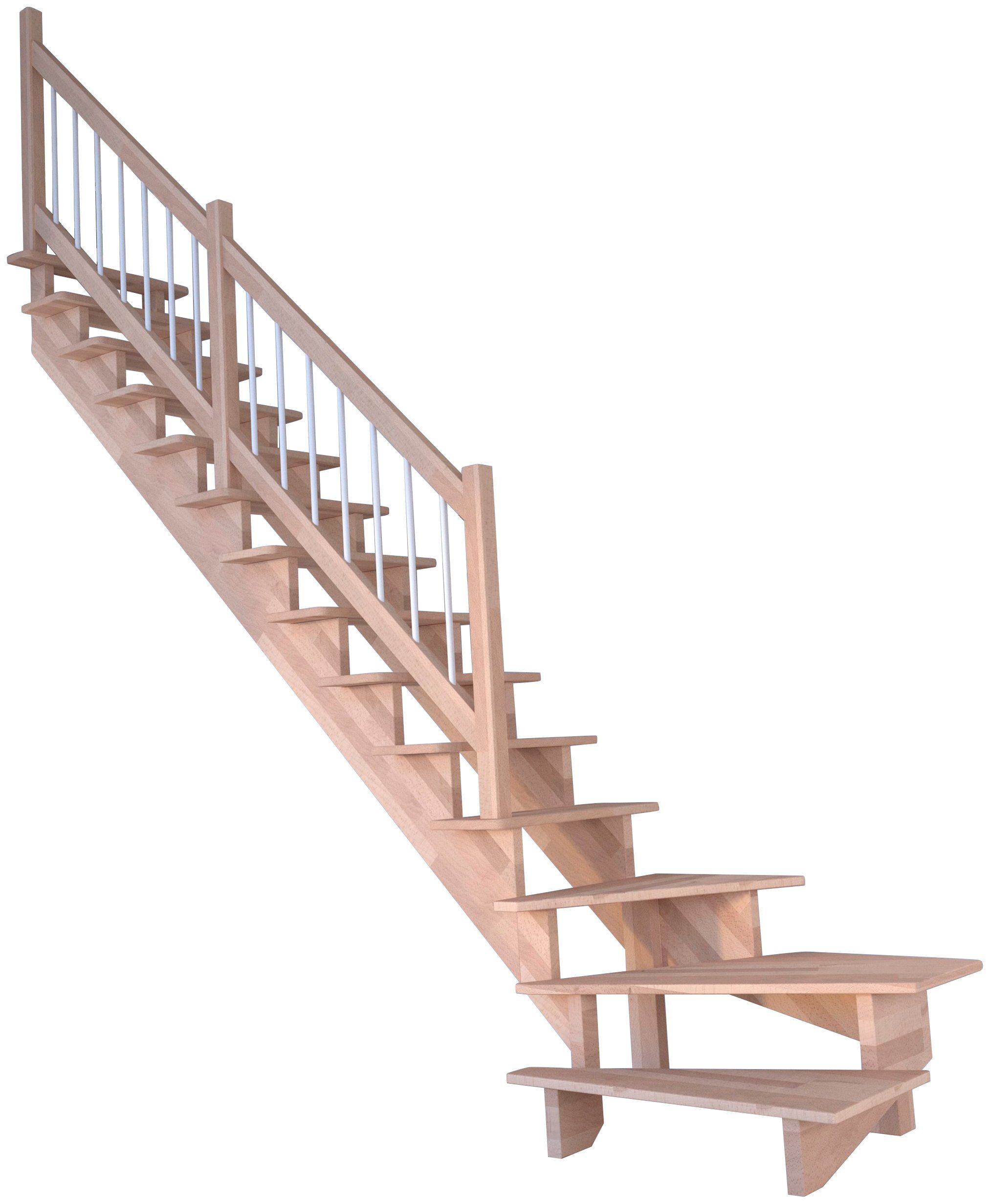 bis Starwood Stufen offen, Durchgehende Weiß, Massivholz Systemtreppe Lindos, Geschosshöhen gewendelt Wangenteile Holz-Edelstahl cm, 300 für Links,