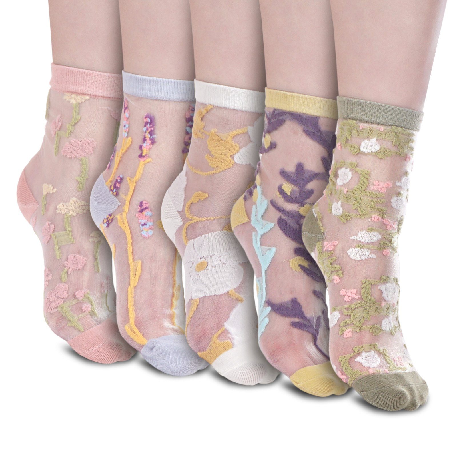 glänzende Damen Strümpfe GalaxyCat (10-Paar) mit Damen Socken Transparente & Transparente Blumen Pflanzen, Damensocken