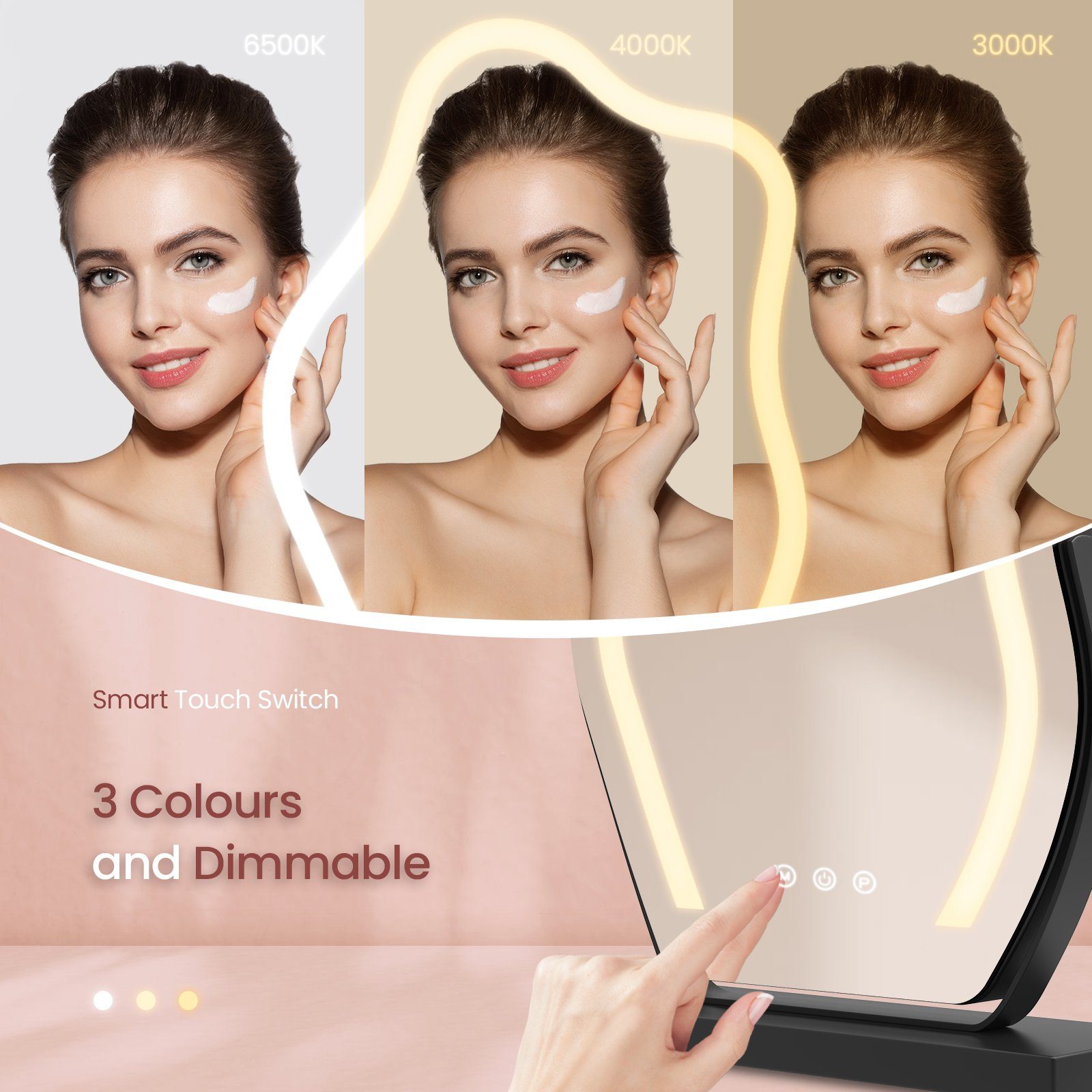 Beleuchtung Kosmetikspiegel und Unregelmäßige Lichtfarben mit Drehbar, Kurve EMKE Schminkspiegel 360° Schwarz Memory-Funktion Touchschalter, 3 Dimmbar