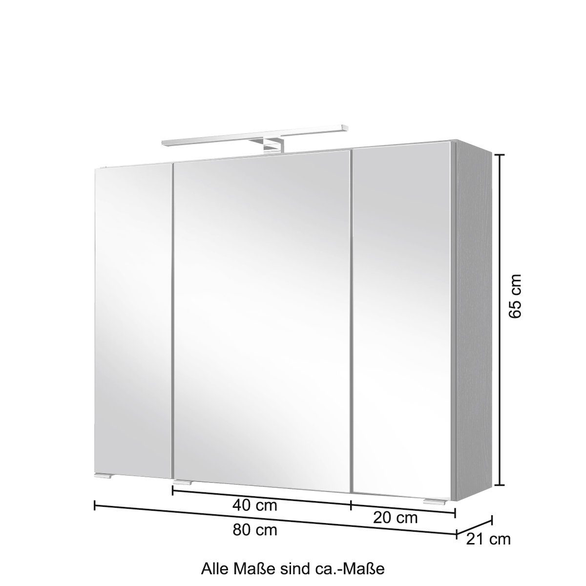 HELD MÖBEL Spiegelschrank eiche 80 Malibu Türendämpfern cm, mit Spiegeltüren und Breite