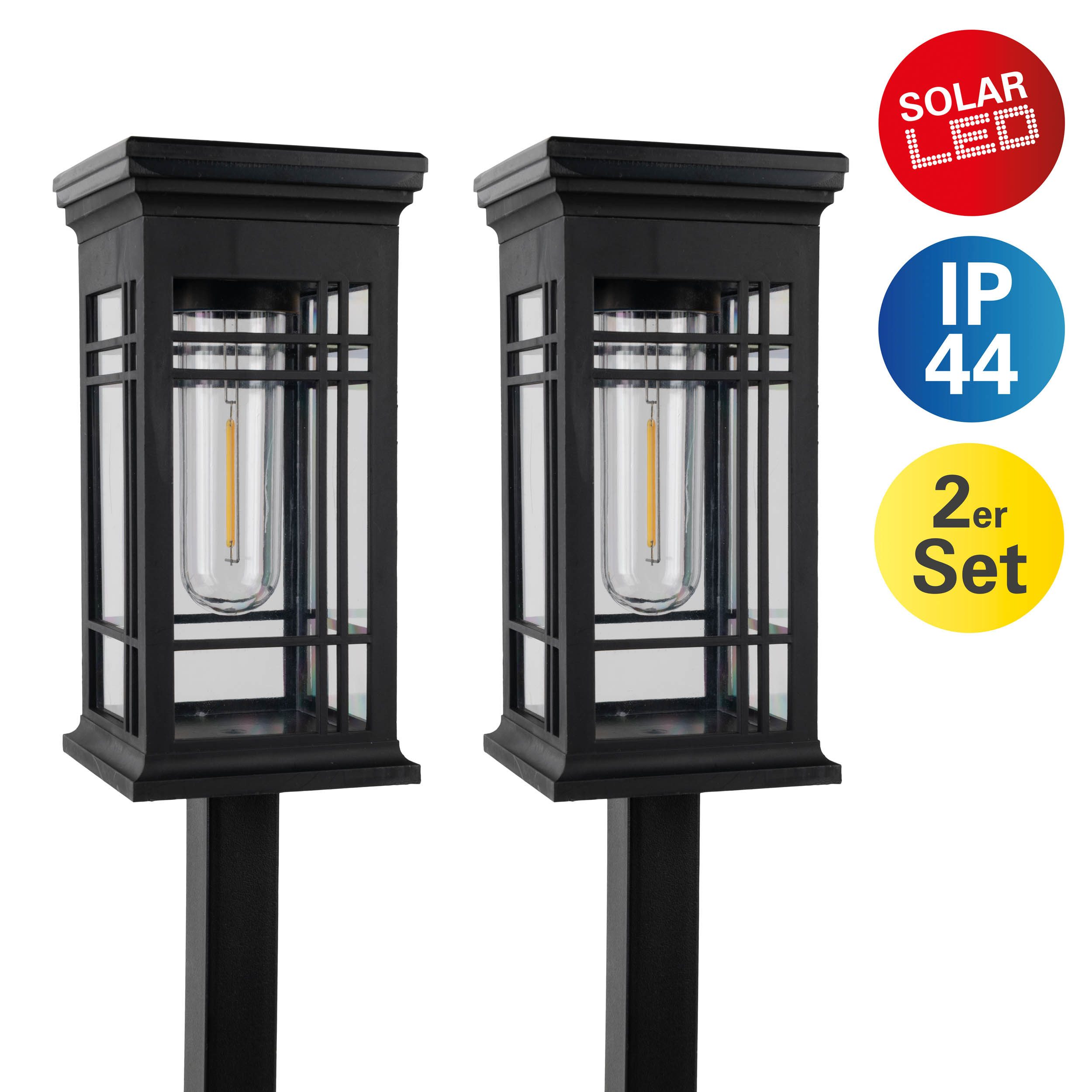 näve LED Solarleuchte Baskara, Tageslichtsensor, LED fest integriert, Warmweiß, 2er-Set Dekoerdspieß Laterne schwarz, Schiebeschalter, H: 42cm, IP44