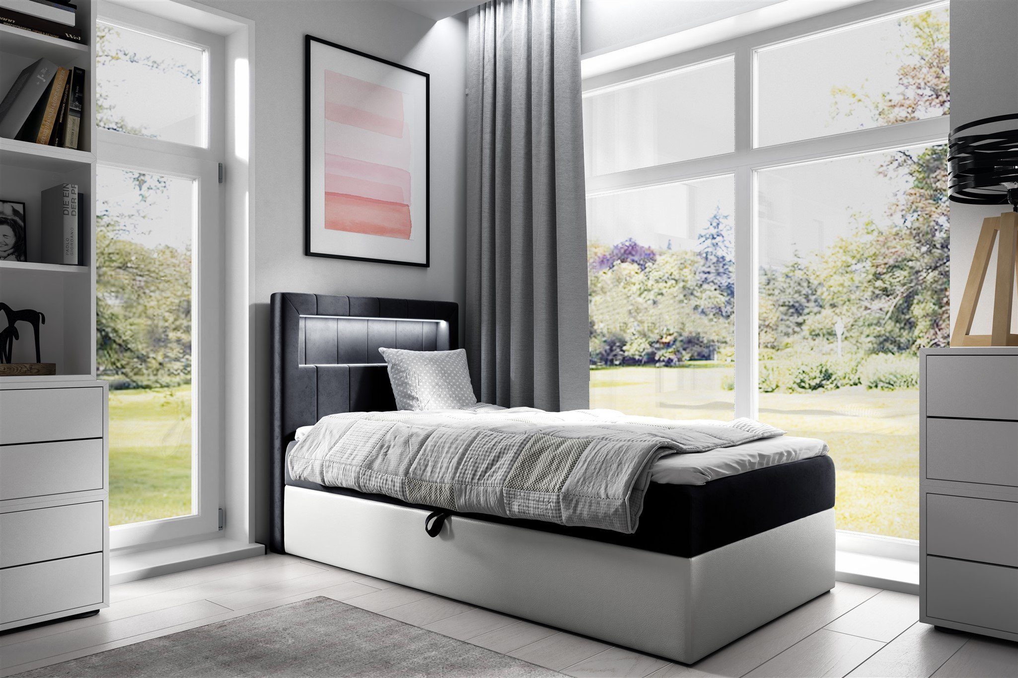 Fun Möbel Boxbett Gästebett Kinderbett FABIAN Nr.1 (inkl. Bettkasten und Topper), inkl. LED-Beleuchtung