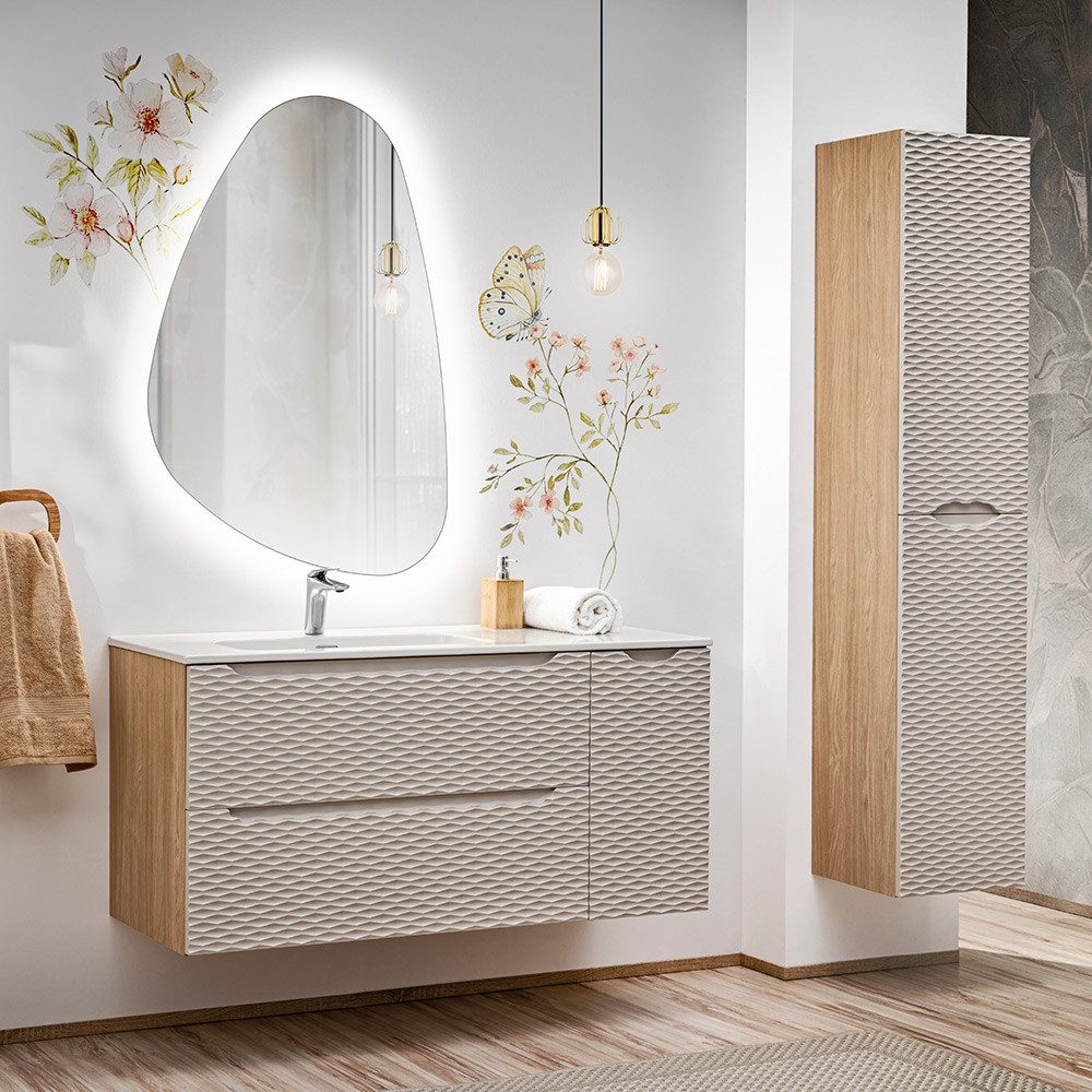 Lomadox Badmöbel-Set OLUO-56-BEIGE, (Spar-Set, 3-St., LED-Spiegel Waschtisch Hochschrank), 120cm Keramikwaschbecken, Eiche mit beige, 3D-Oberfläche