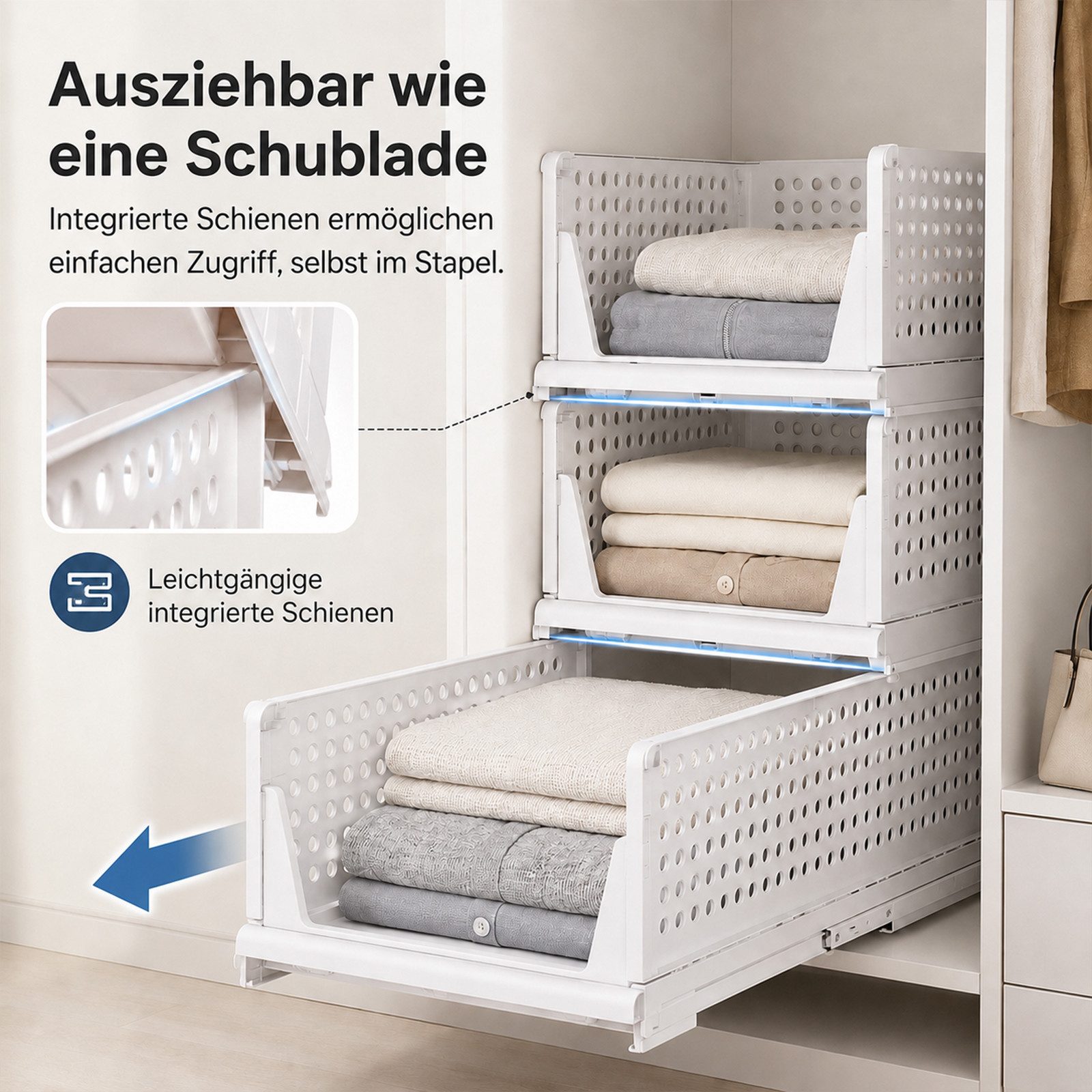 BlingBin Aufbewahrungskorb 3er Set Aufbewahrungskörbe stapelbare, Schrank Organizer (3er Set, 3 St., 3tlg), ausziehbar Aufbewahrungsbox, für Bad Küche Schlafzim – Bild 4 von 5