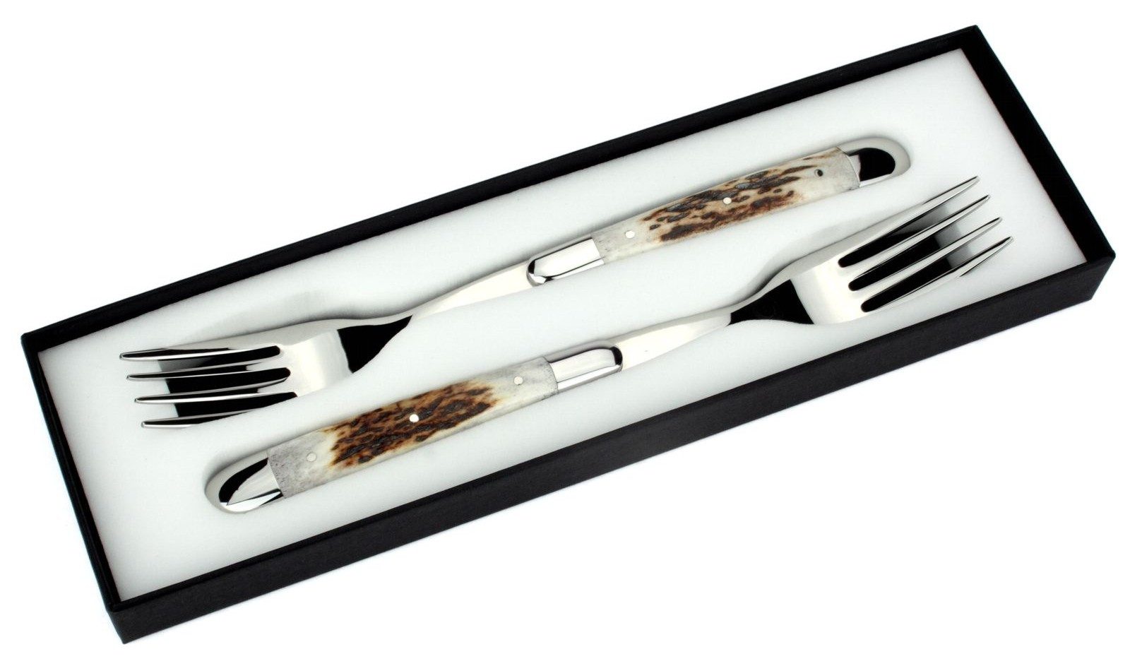 Forge de Laguiole Steakbesteck FE2 2M IN CF BRI, 2 Gabeln - Griff Hirschhorn - Stahl glänzend