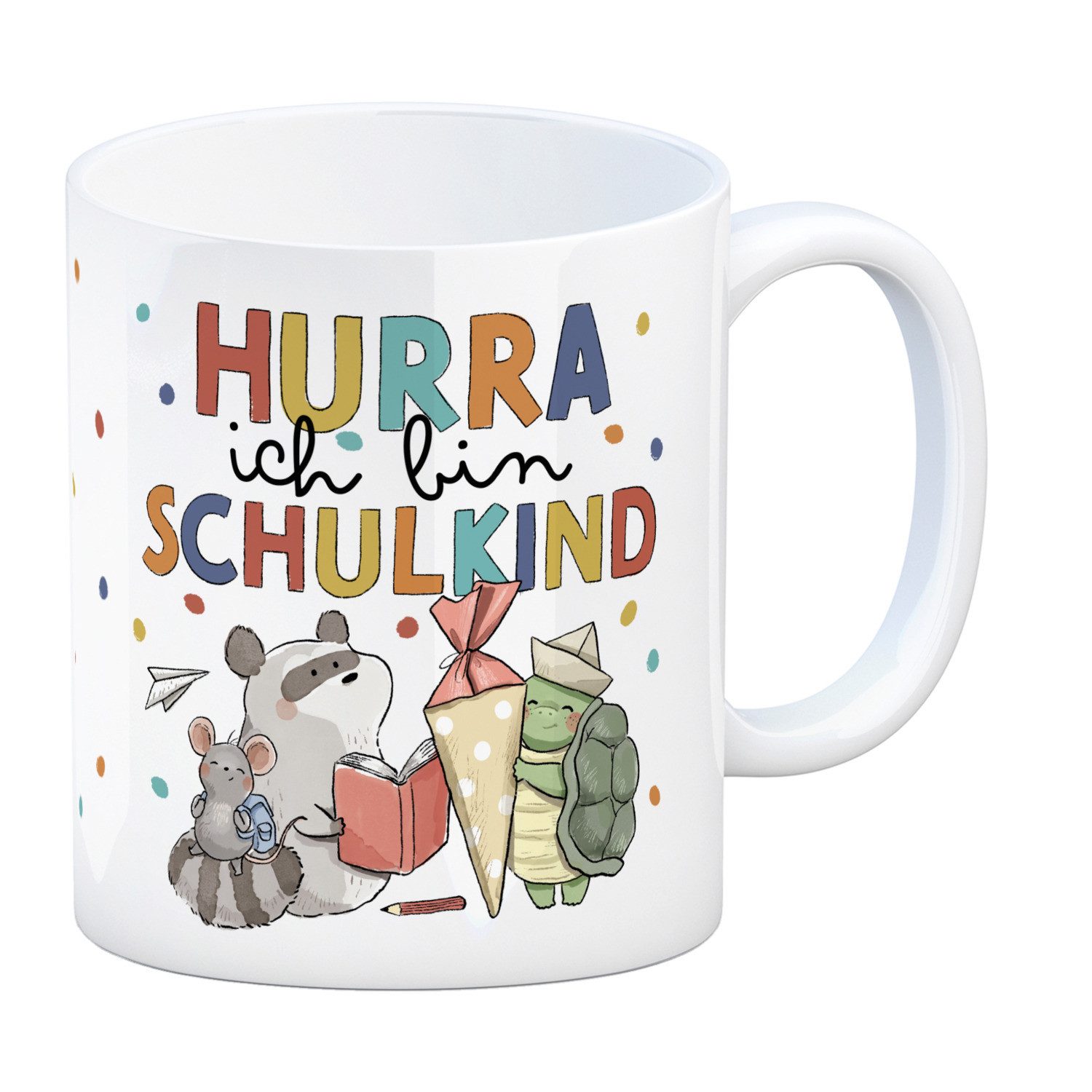 speecheese Tasse Tiere zur Einschulung Kaffeebecher mit Spruch Hurra ich bin Schulkind