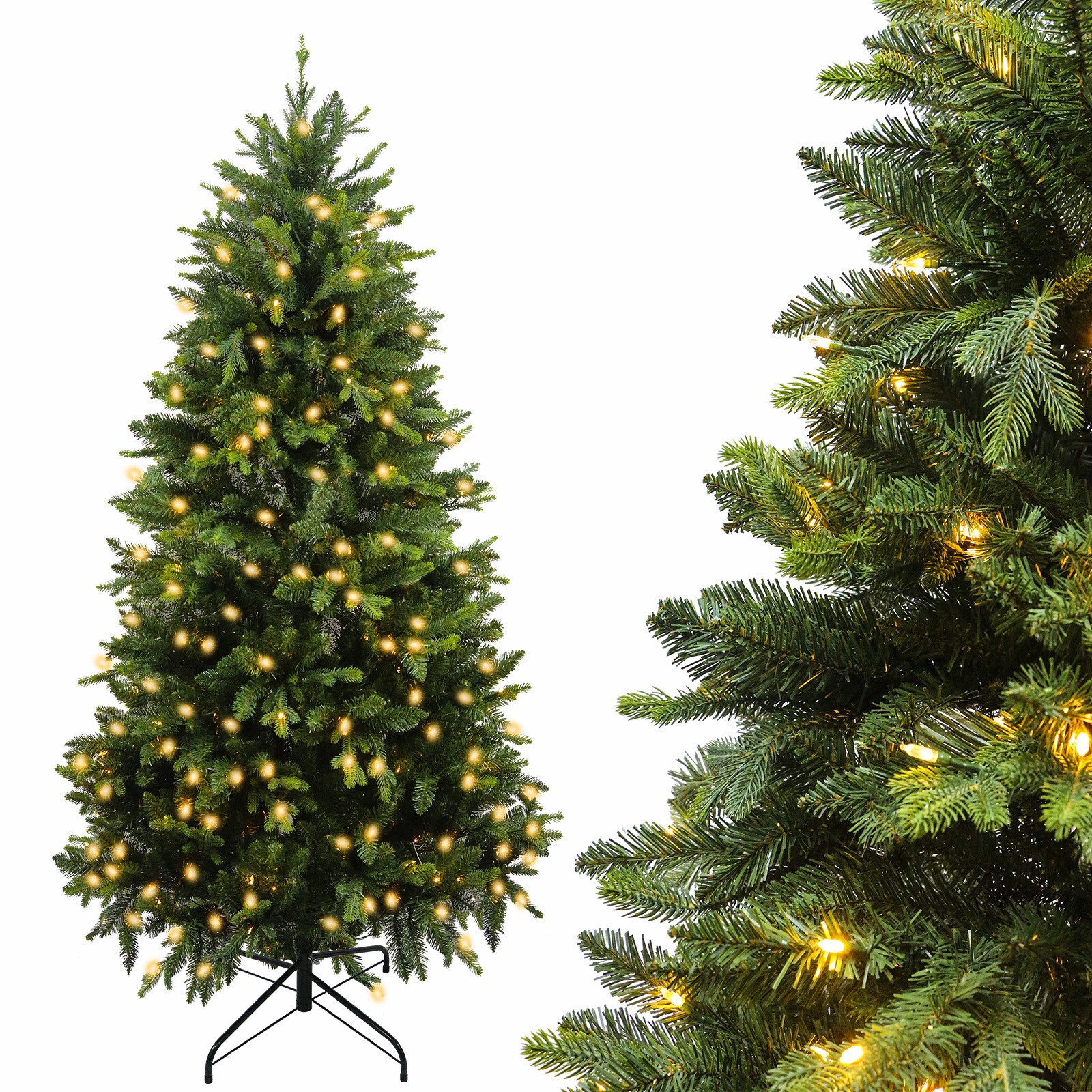 kisidus Künstlicher Weihnachtsbaum mit Beleuchtung Christbaum mit lichterkette 180cm 1061 Spitzen, PE+PVC Material 400LEDs, Tannenbaum aus Stahldraht grün, Klappsystem
