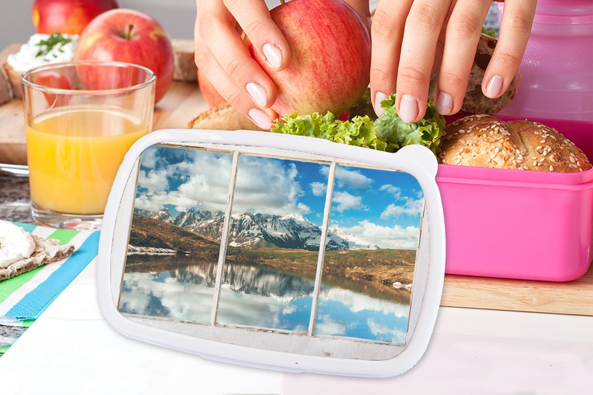 für - Kunststoff, Berge Kinder, rosa Aussicht Brotdose Lunchbox Erwachsene, Wasser, - MuchoWow Snackbox, Kunststoff (2-tlg), Mädchen, Brotbox