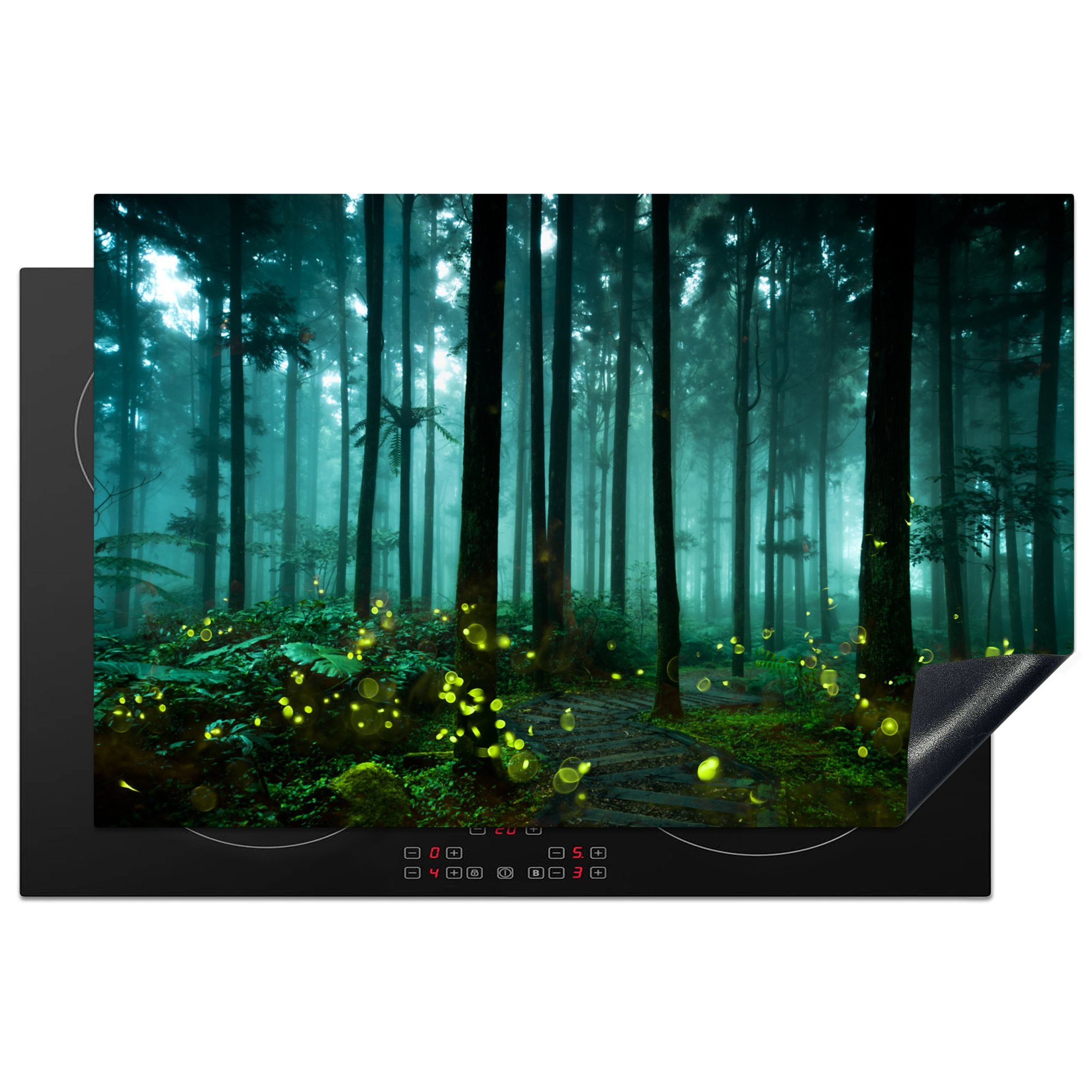 MuchoWow Herdblende-/Abdeckplatte Glühwürmchen beleuchten einen Wald, Vinyl, (1 tlg), 81x52 cm, Induktionskochfeld Schutz für die küche, Ceranfeldabdeckung