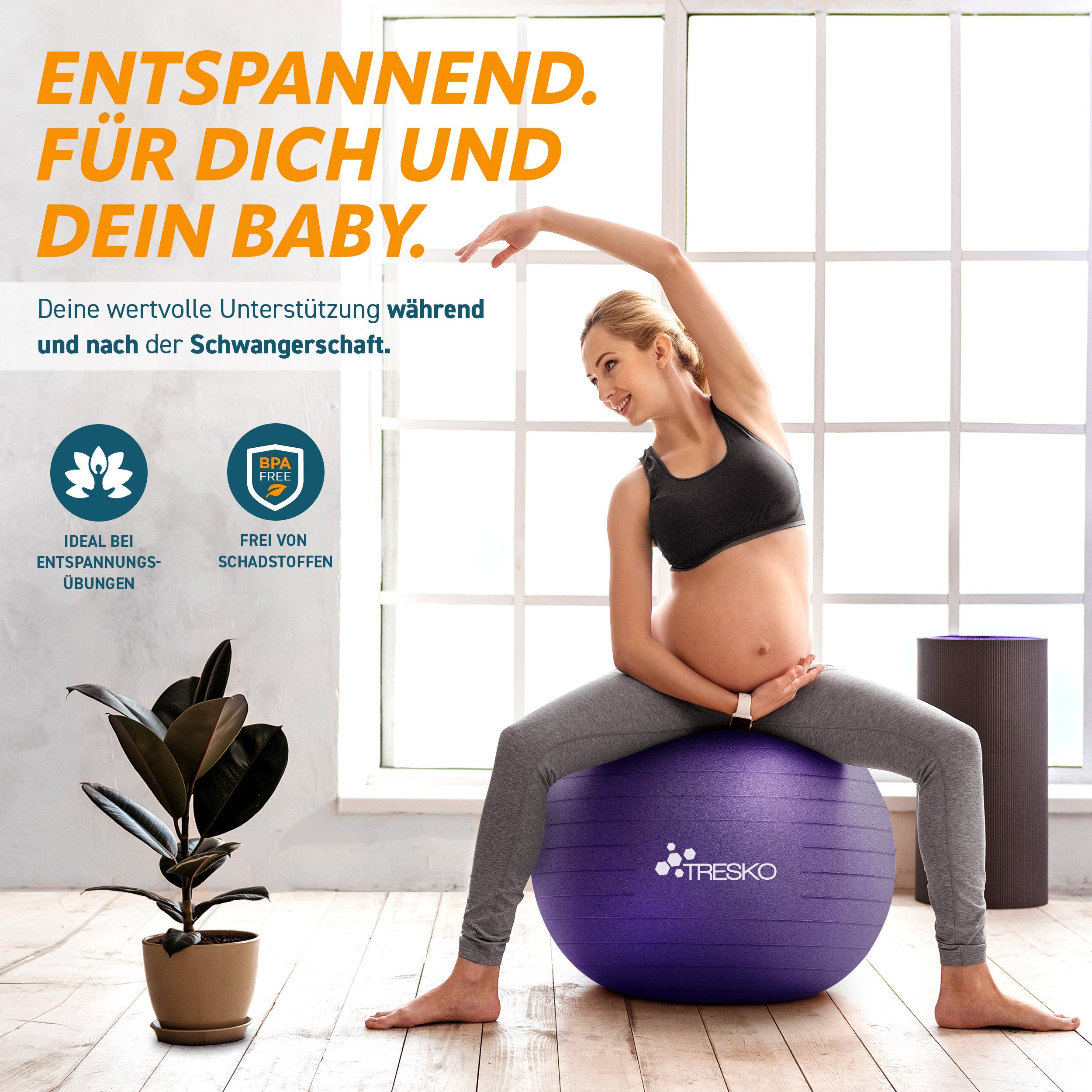 TRESKO Gymnastikball mit GRATIS Übungsposter inkl. Luftpumpe Yogaball, BPA-Frei Sitzball Büro Anti-Burst inkl. Luftpumpe, Fitnessball