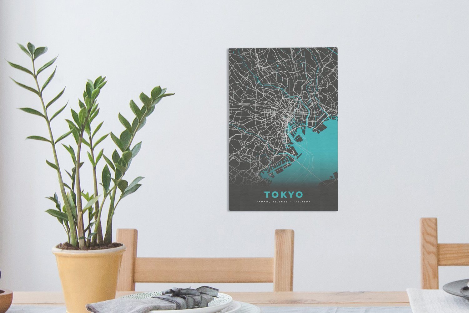 20x30 - cm inkl. St), Tokio Leinwandbild Leinwandbild bespannt Blau Karte, fertig Gemälde, (1 - Stadtplan - Zackenaufhänger, OneMillionCanvasses®