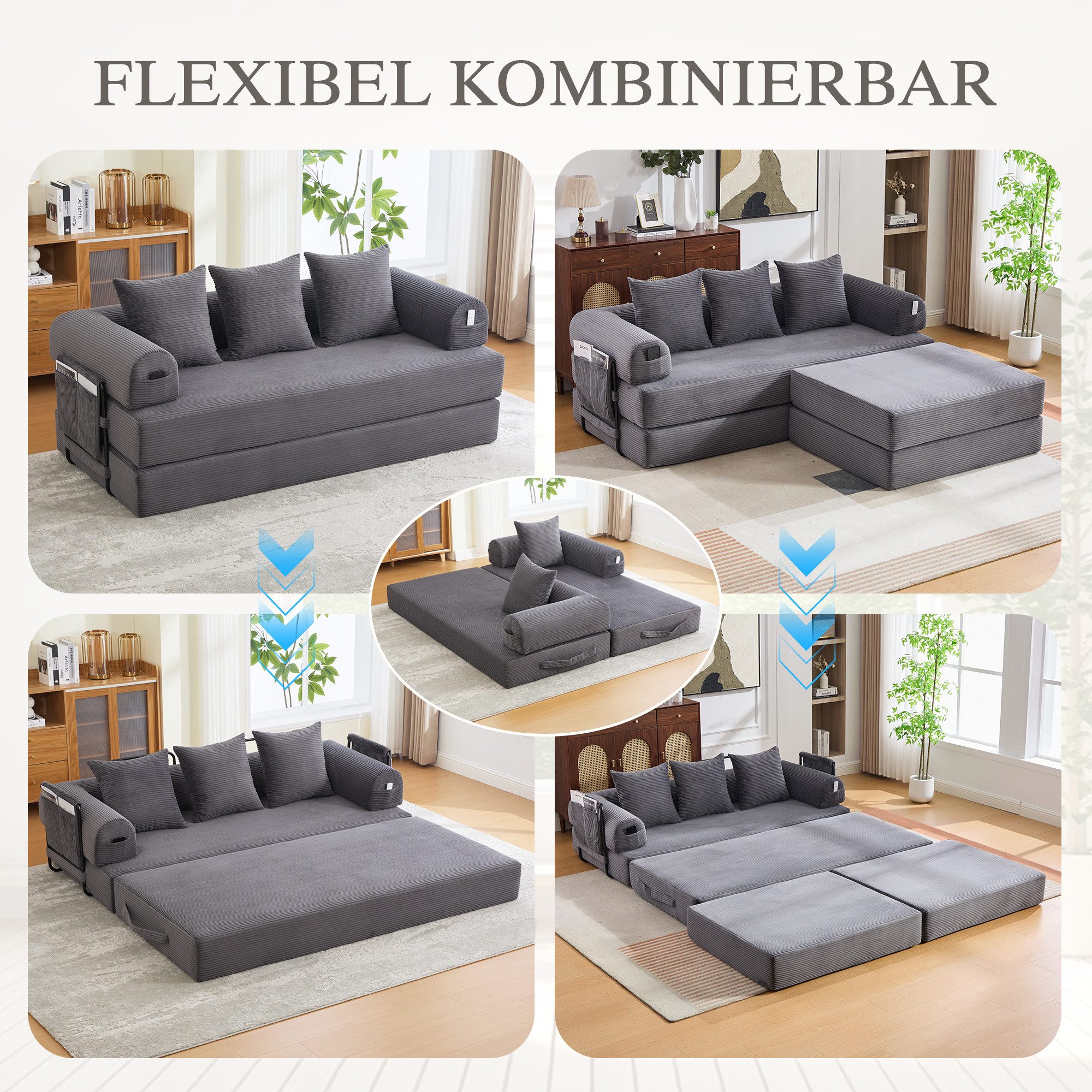 REDOM Sofa Kompressionssofa modulares 2‑in‑1-System mit Hocker, inkl. 3 Kissen und Seitentasche, stabiler Metallrahmen, dicke Polsterung für komfortables Sitzen, flexibel kombinierbar