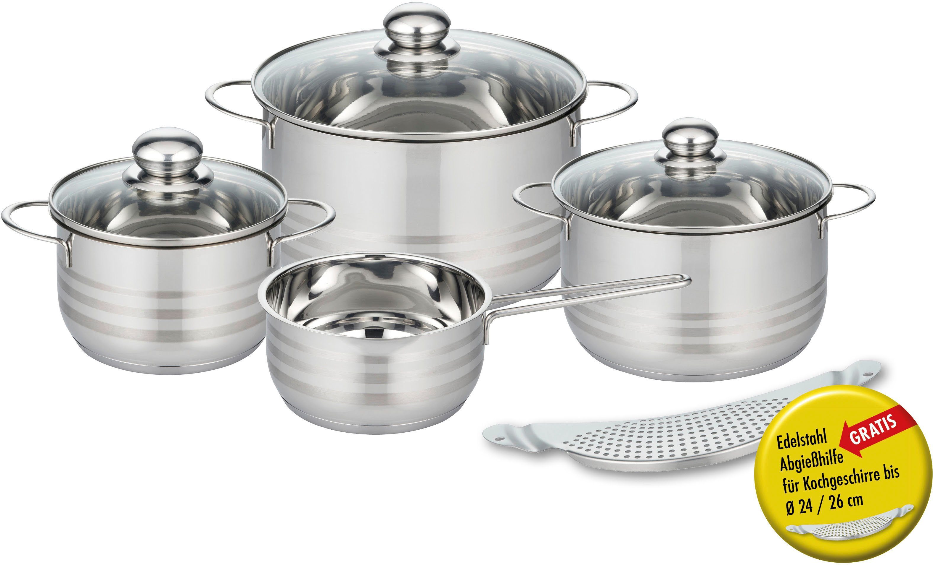 Elo Basic Topf-Set Brilliant, Edelstahl (Set, 8-tlg., je 1 Fleischtopf mit Deckel Ø 16/20/24 cm, 1 x Stielkasserolle Ø 16 cm), Induktion, inkl. Abgießhilfe