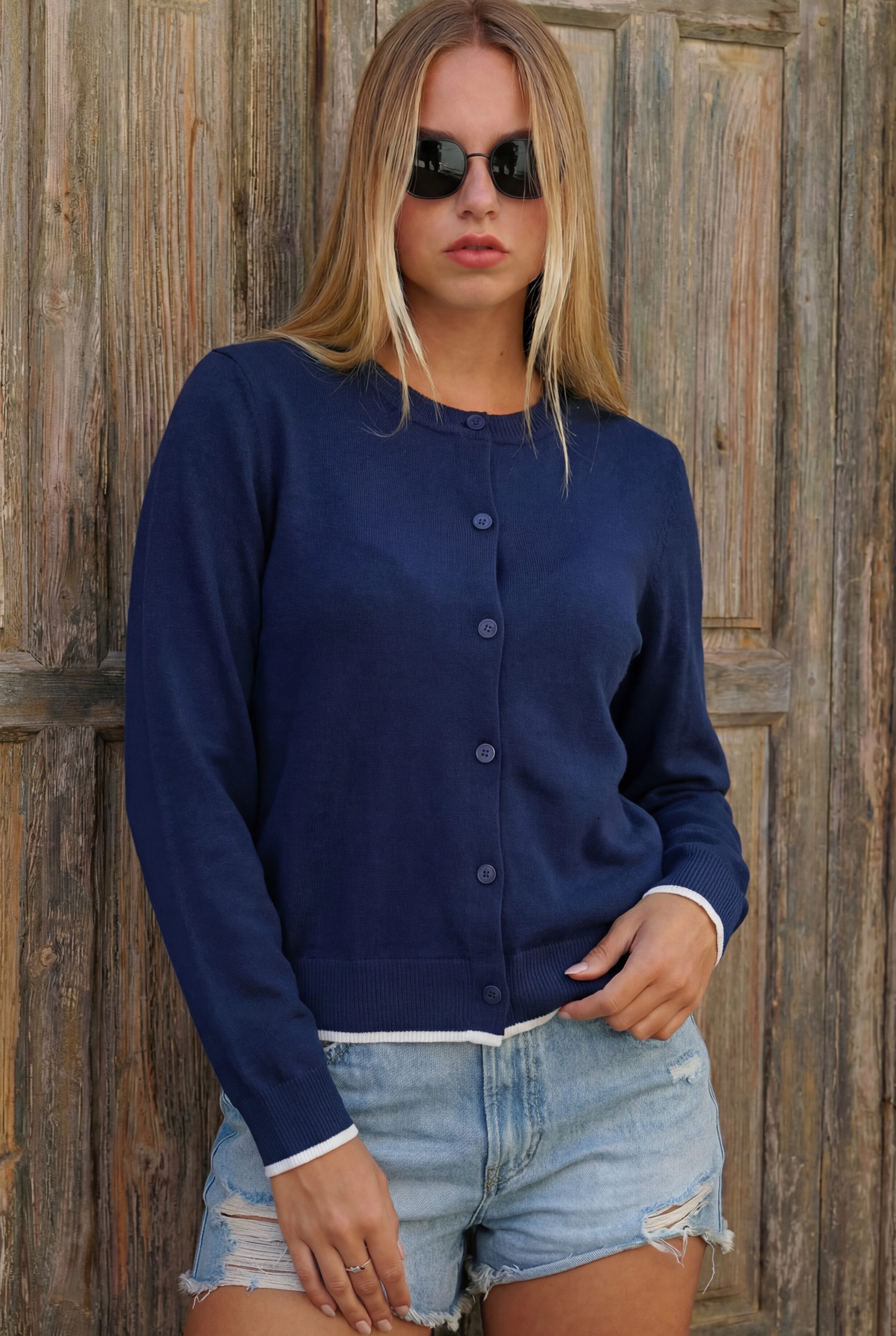 Cassis Strickjacke Elegante Frühlings Wollstrickjacke mit Viskose in Navy günstig online kaufen