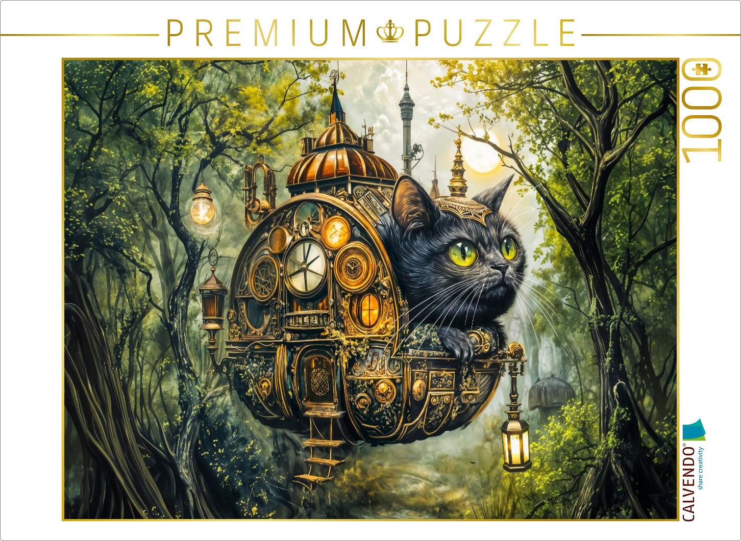 CALVENDO Puzzle CALVENDO Puzzle Schwarze Katze im schwebenden Steampunk‑Haus Fantasy, 1000 Puzzleteile