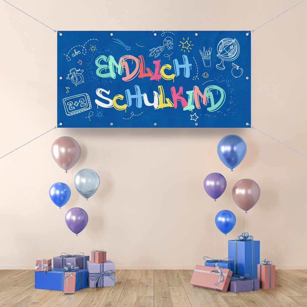 WallSpirit Hängedekoration Banner - Einschulung "Blau", wetterfest, inkl. Ösen zum Aufhängen